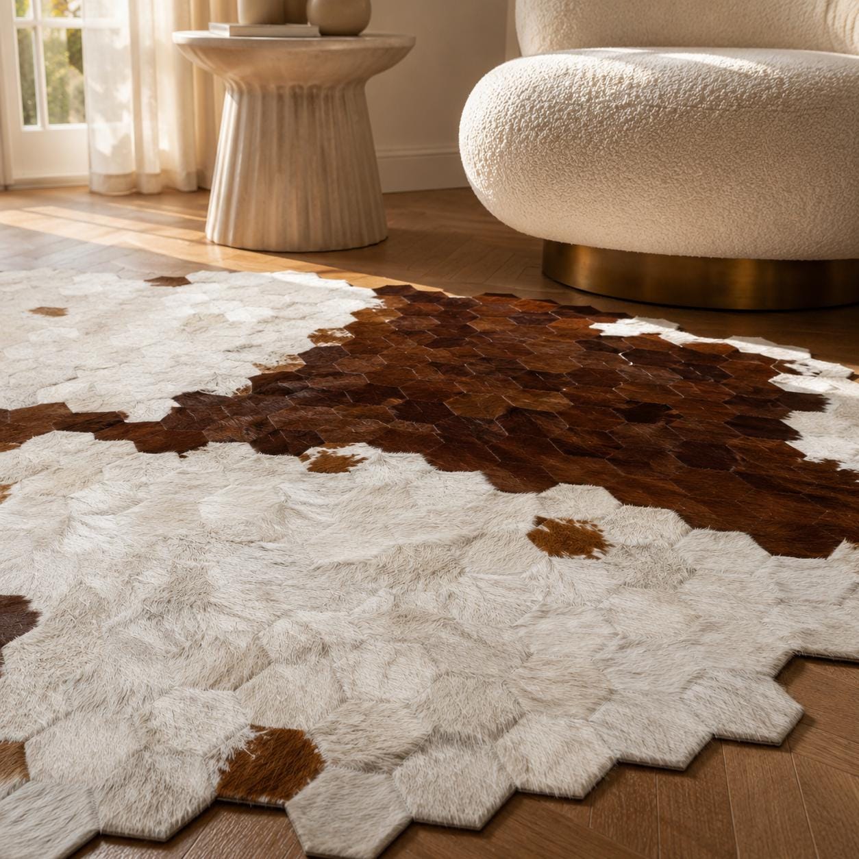 Round Brown White Cowhide Rug, Hexagon Patchwork Leather Rug, Handmade Modern Area Carpet