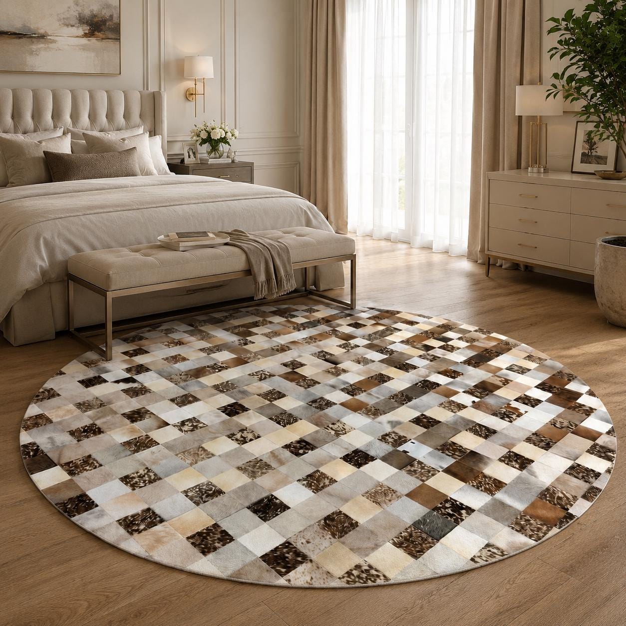 Round Patchwork Cowhide Rug, Brown Beige Leather Area Rug, Handmade Modern Circle Carpet