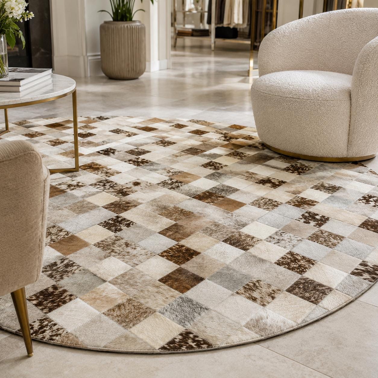 Round Patchwork Cowhide Rug, Brown Beige Leather Area Rug, Handmade Modern Circle Carpet