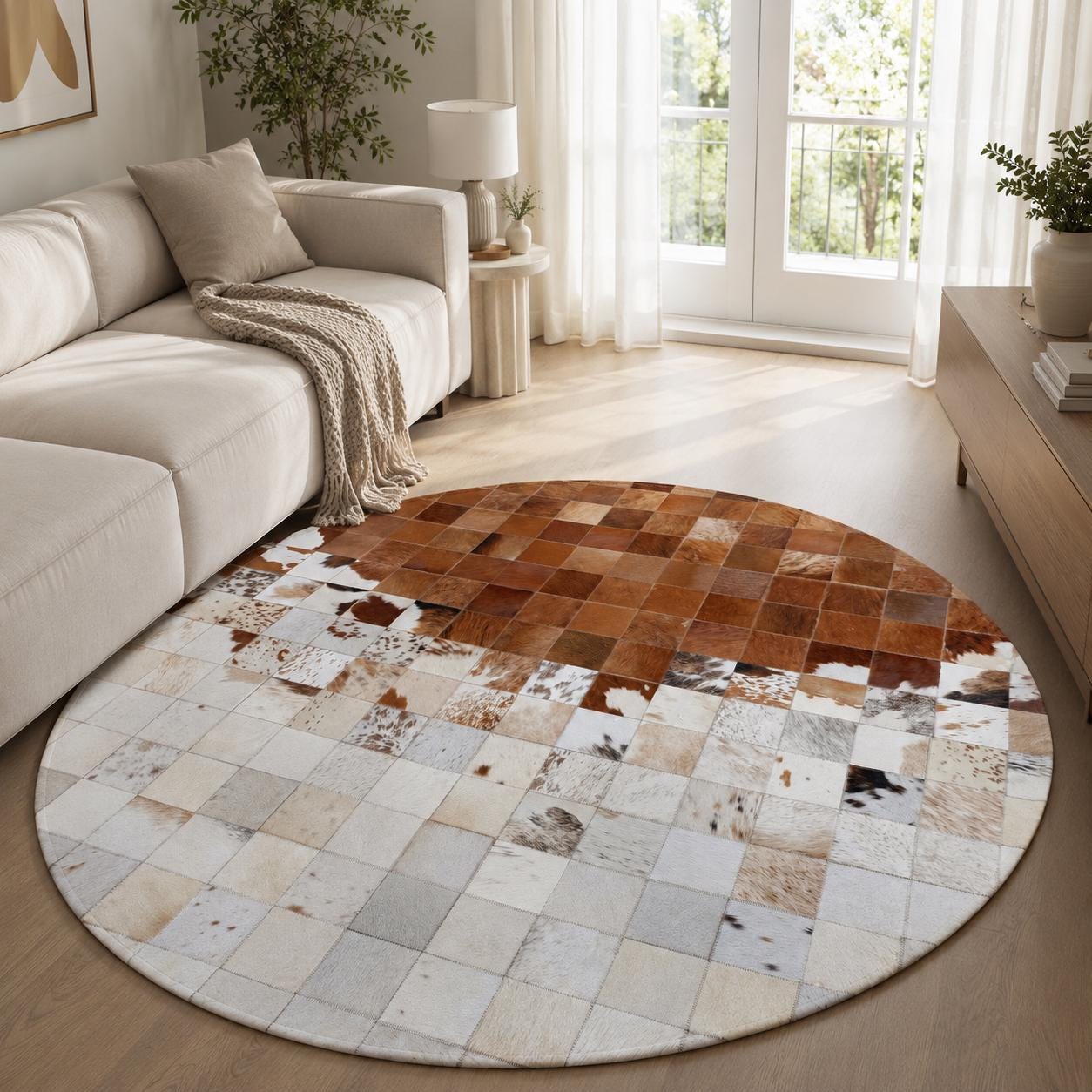 Round Brown White Cowhide Rug, Handmade Patchwork Leather Rug, Modern Circle Area Carpet