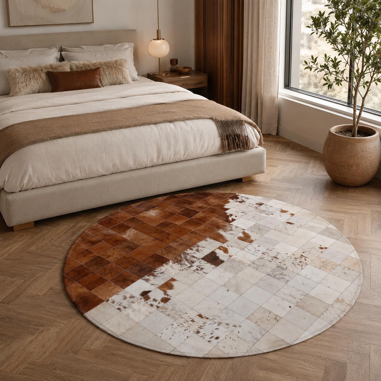 Round Brown White Cowhide Rug, Handmade Patchwork Leather Rug, Modern Circle Area Carpet