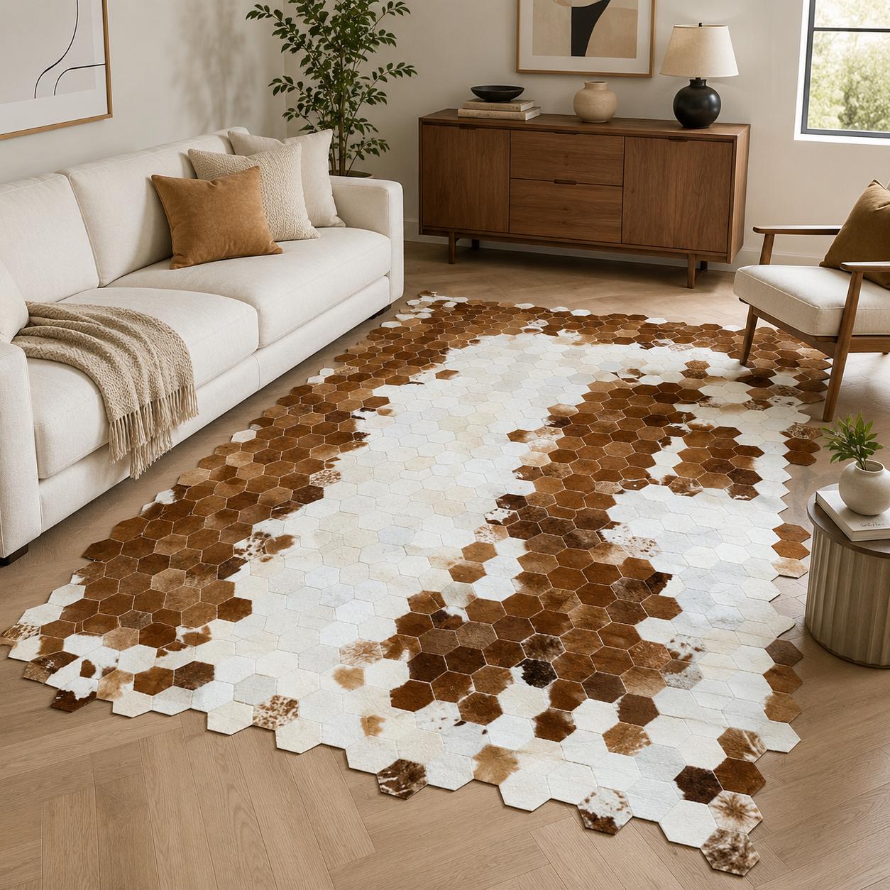 Brown White Cowhide Rug, Hexagon Patchwork Leather Area Rug, Handmade Modern Cow Skin Carpet
