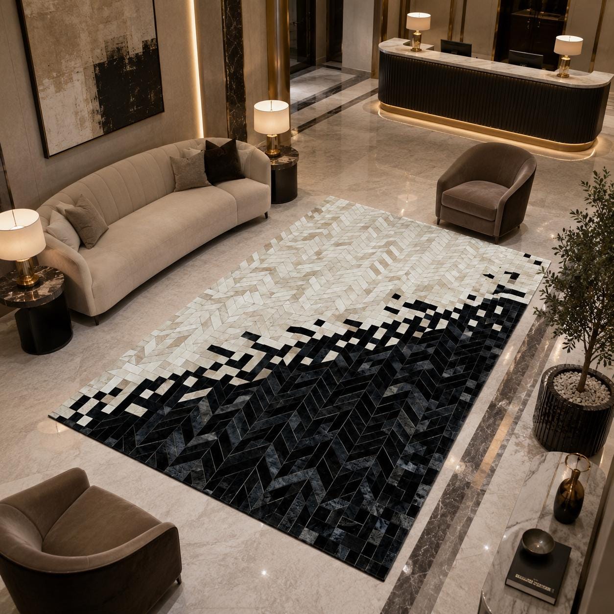 Black White Geometric Cowhide Rug, Modern Patchwork Leather Area Rug, Handmade Luxury Statement Carpet