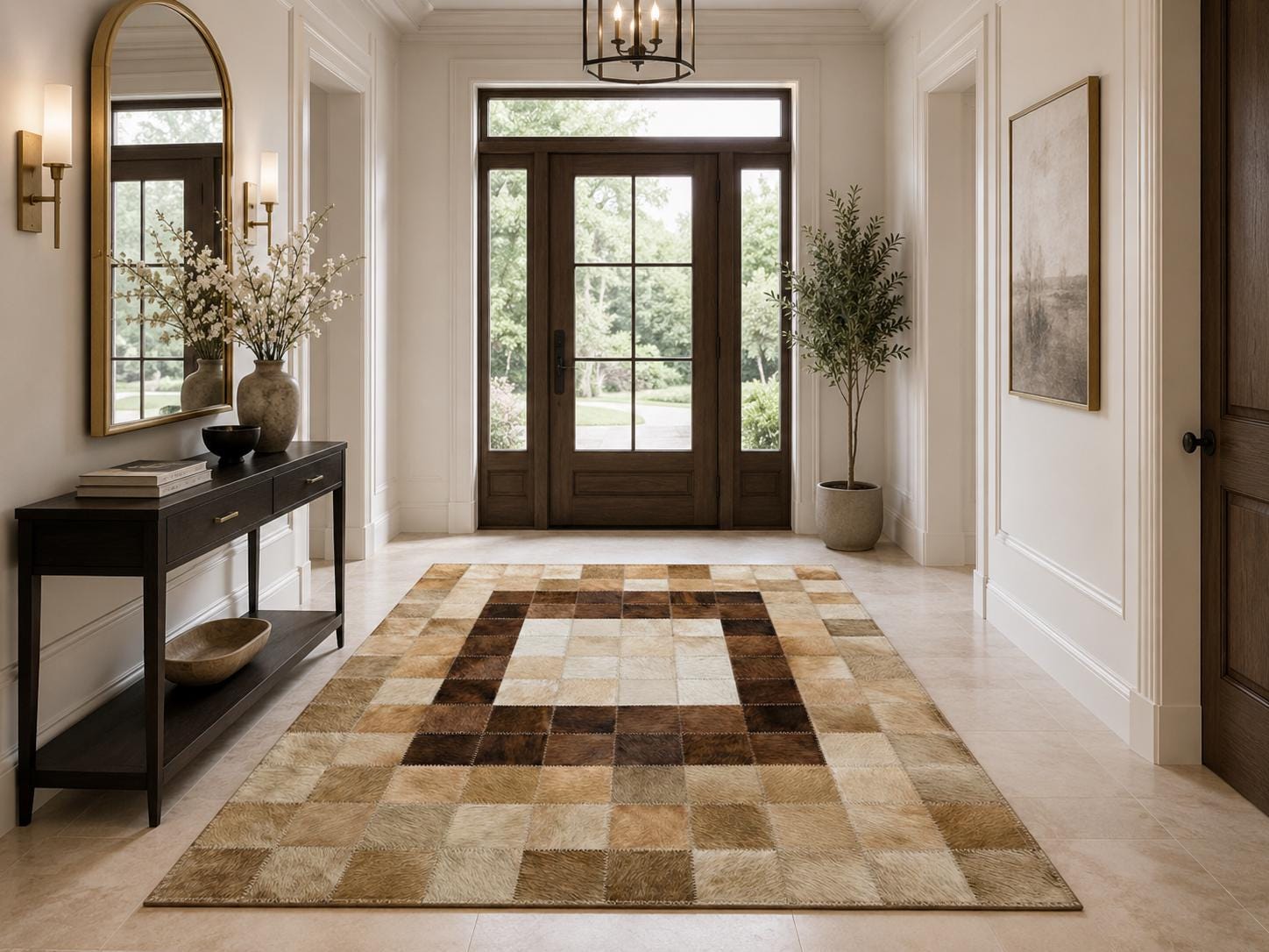 Brown Beige Cowhide Patchwork Rug, Geometric Leather Area Rug, Handmade Modern Luxury Carpet