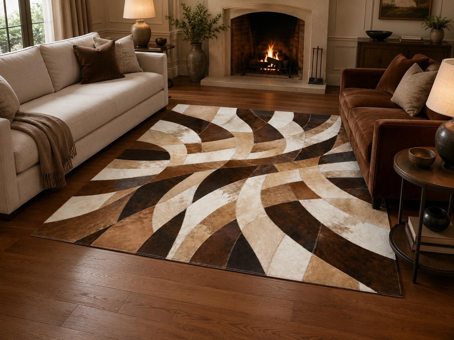 Abstract Brown Cowhide Rug, Handmade Geometric Leather Area Rug, Modern Luxury Statement Carpet