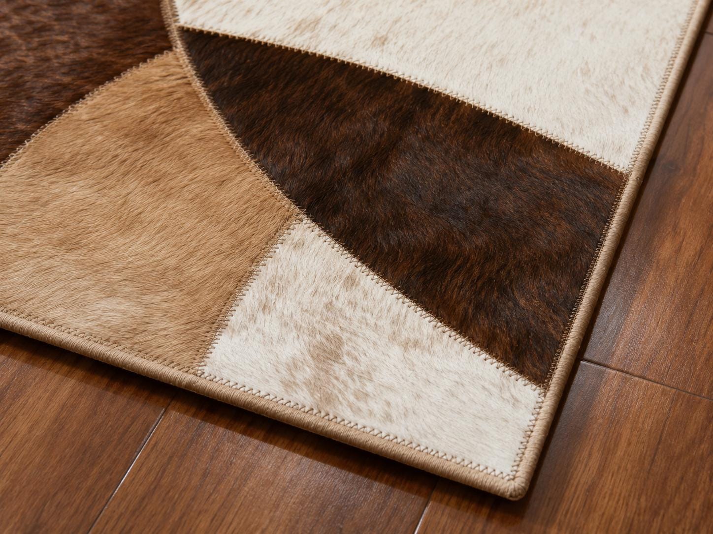 Abstract Brown Cowhide Rug, Handmade Geometric Leather Area Rug, Modern Luxury Statement Carpet
