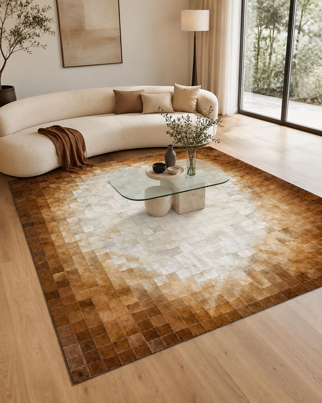 Brown Ombre Cowhide Rug, Handmade Leather Patchwork Area Rug, Modern Gradient Luxury Carpet