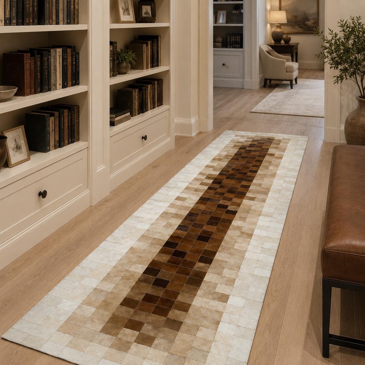 Brown Ombre Cowhide Runner Rug, Handmade Leather Hallway Runner, Modern Patchwork Luxury Carpet