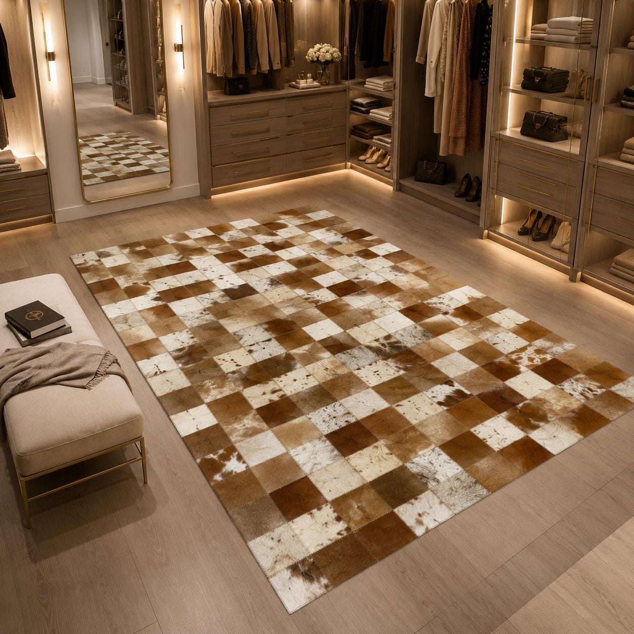 Handmade Patchwork Cowhide Rug, Modern Checkerboard Leather Area Carpet
