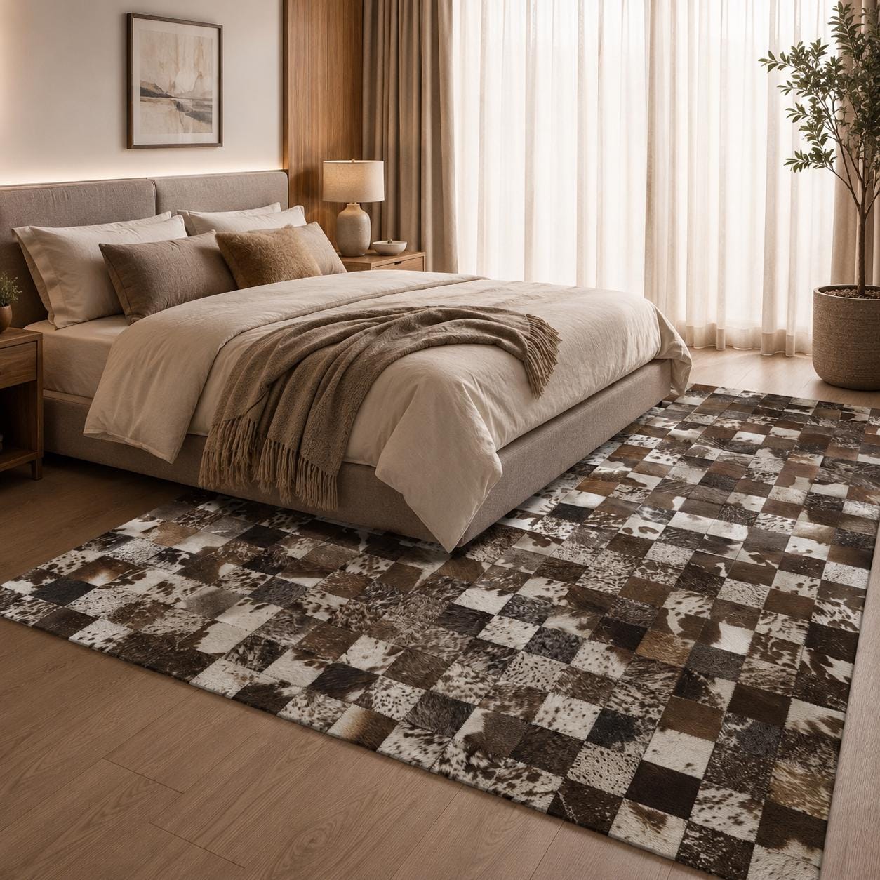 Handmade Cowhide Patchwork Rug, Brown Ivory Checkered Leather Area Carpet