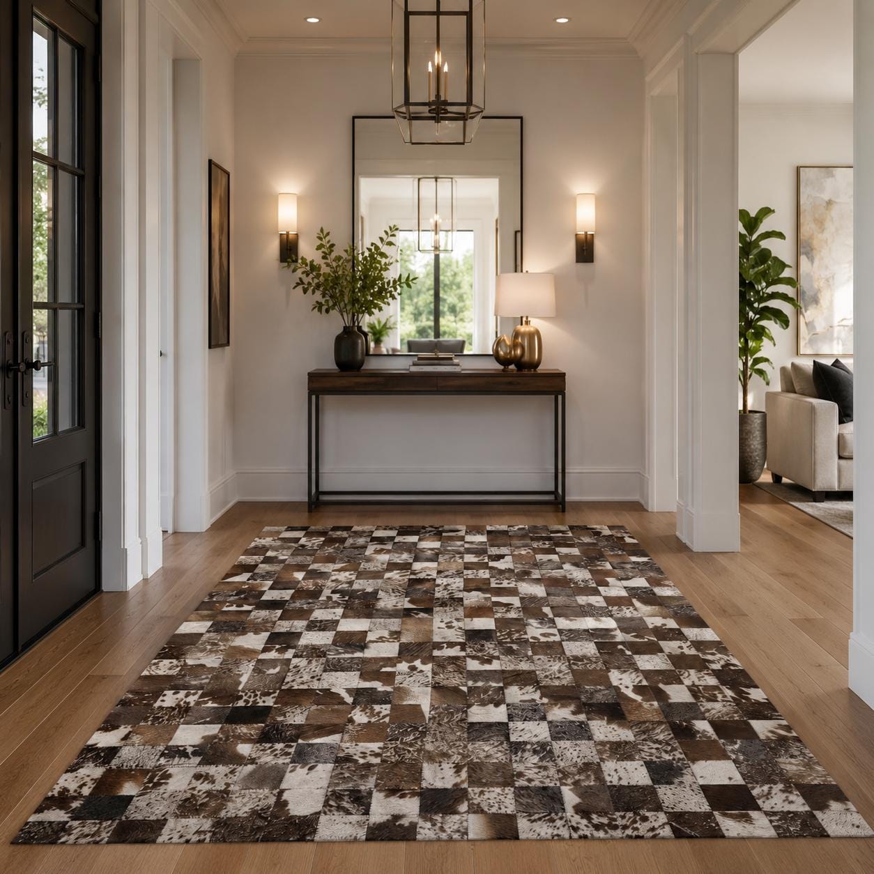 Handmade Cowhide Patchwork Rug, Brown Ivory Checkered Leather Area Carpet
