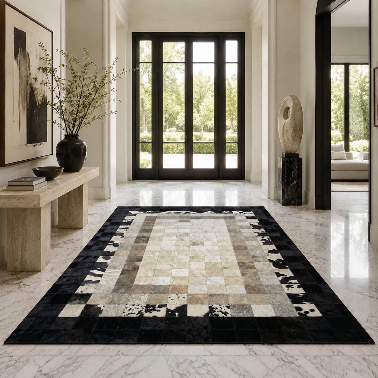 Handmade Patchwork Cowhide Border Rug, Geometric Leather Area Carpet