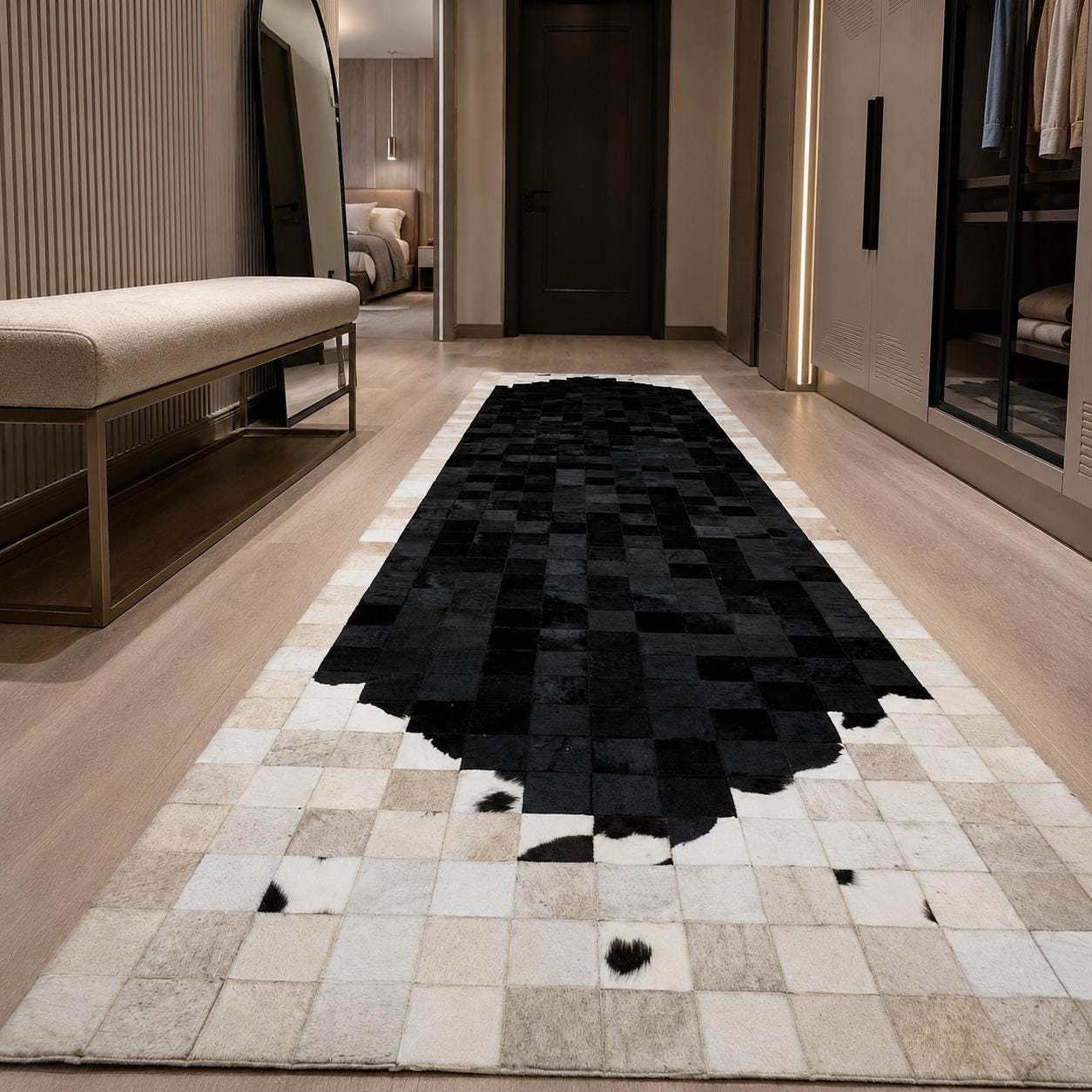 Handmade Black White Cowhide Rug, Genuine Leather Floor Decor