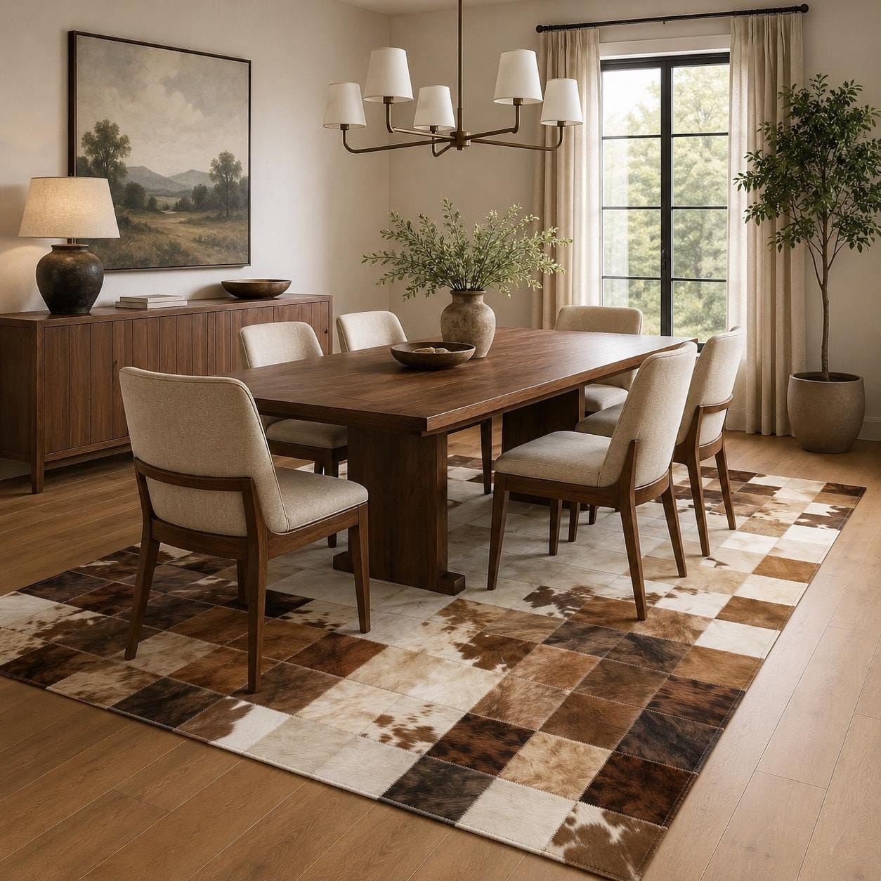 Handmade Patchwork Cowhide Rug, Genuine Leather Area Carpet, Brown Beige Tones