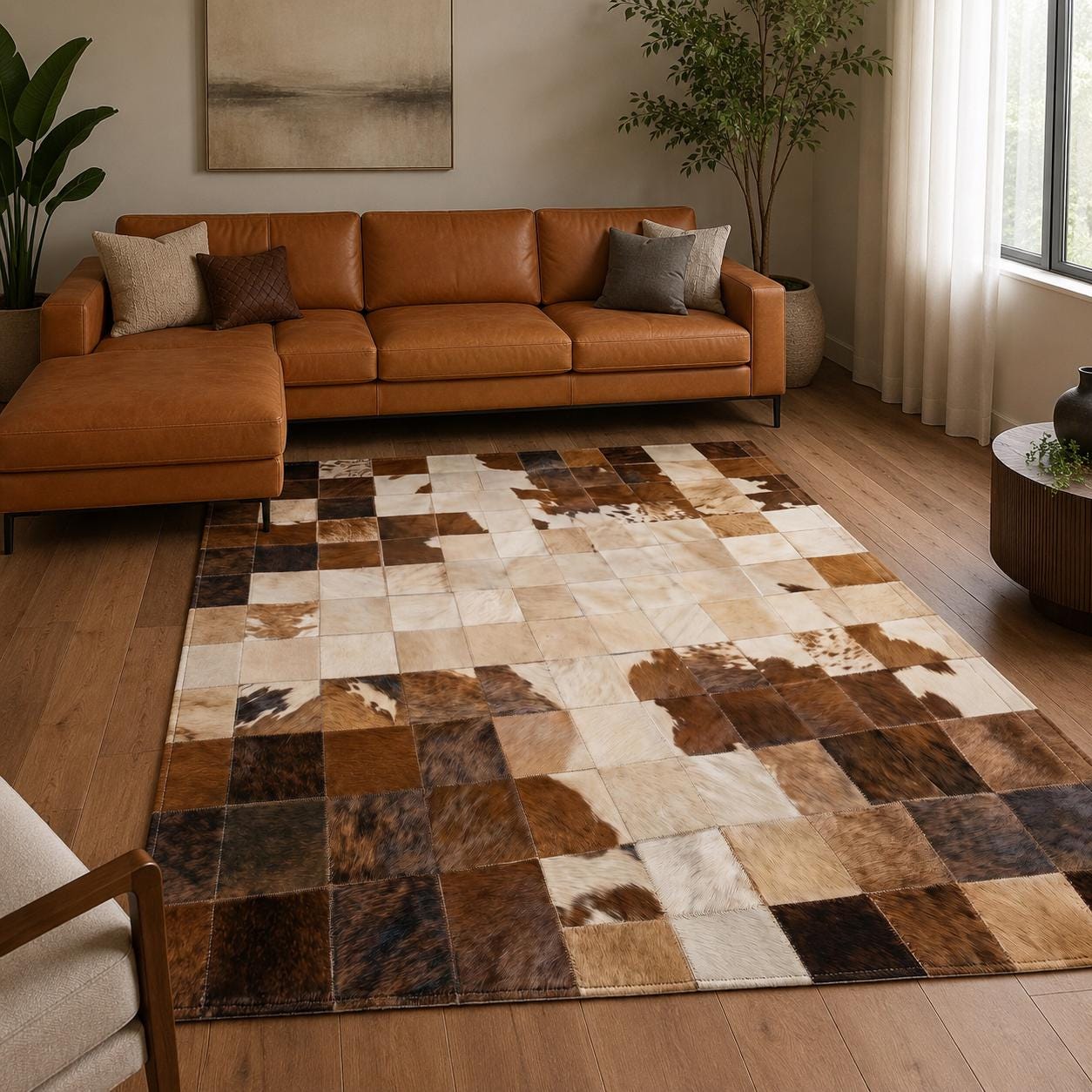 Handmade Patchwork Cowhide Rug, Genuine Leather Area Carpet, Brown Beige Tones