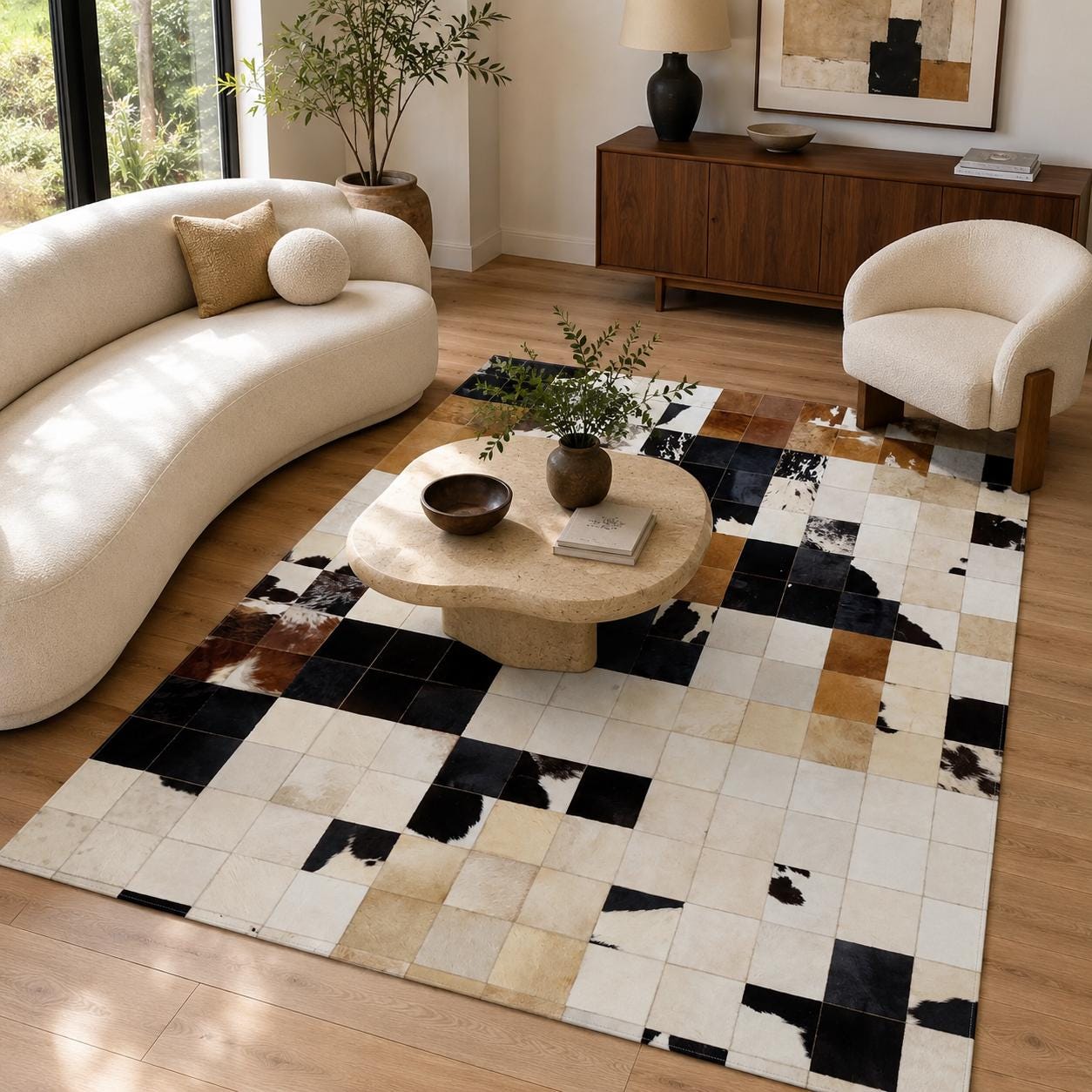 Handmade Patchwork Cowhide Rug, Genuine Leather Carpet, Modern Luxury Area Rug