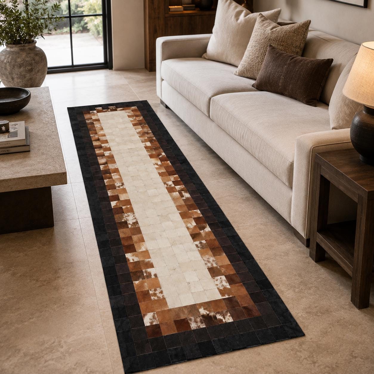 Handmade Patchwork Cowhide Rug, Geometric Leather Area Carpet, Luxury Home Decor