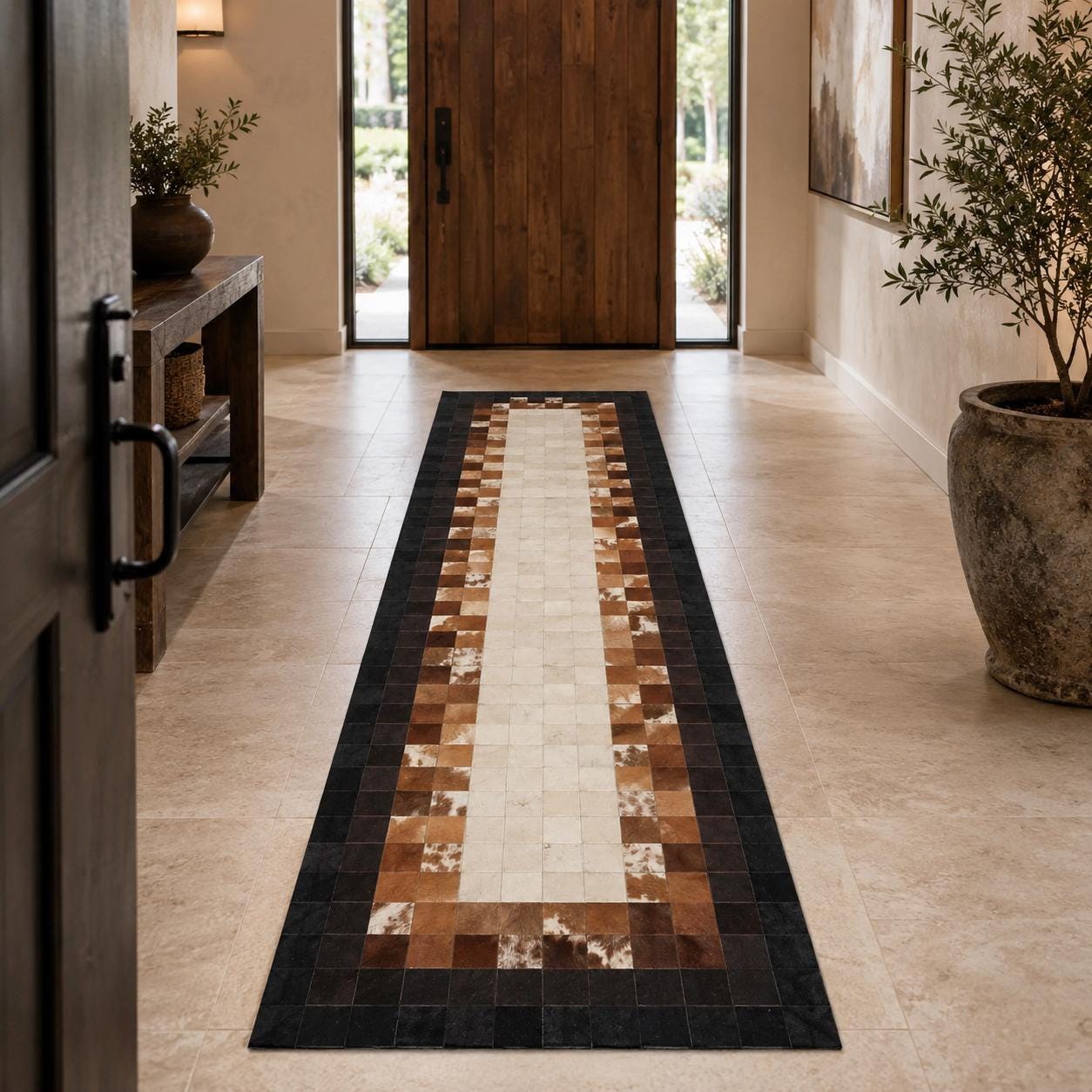 Handmade Patchwork Cowhide Rug, Geometric Leather Area Carpet, Luxury Home Decor