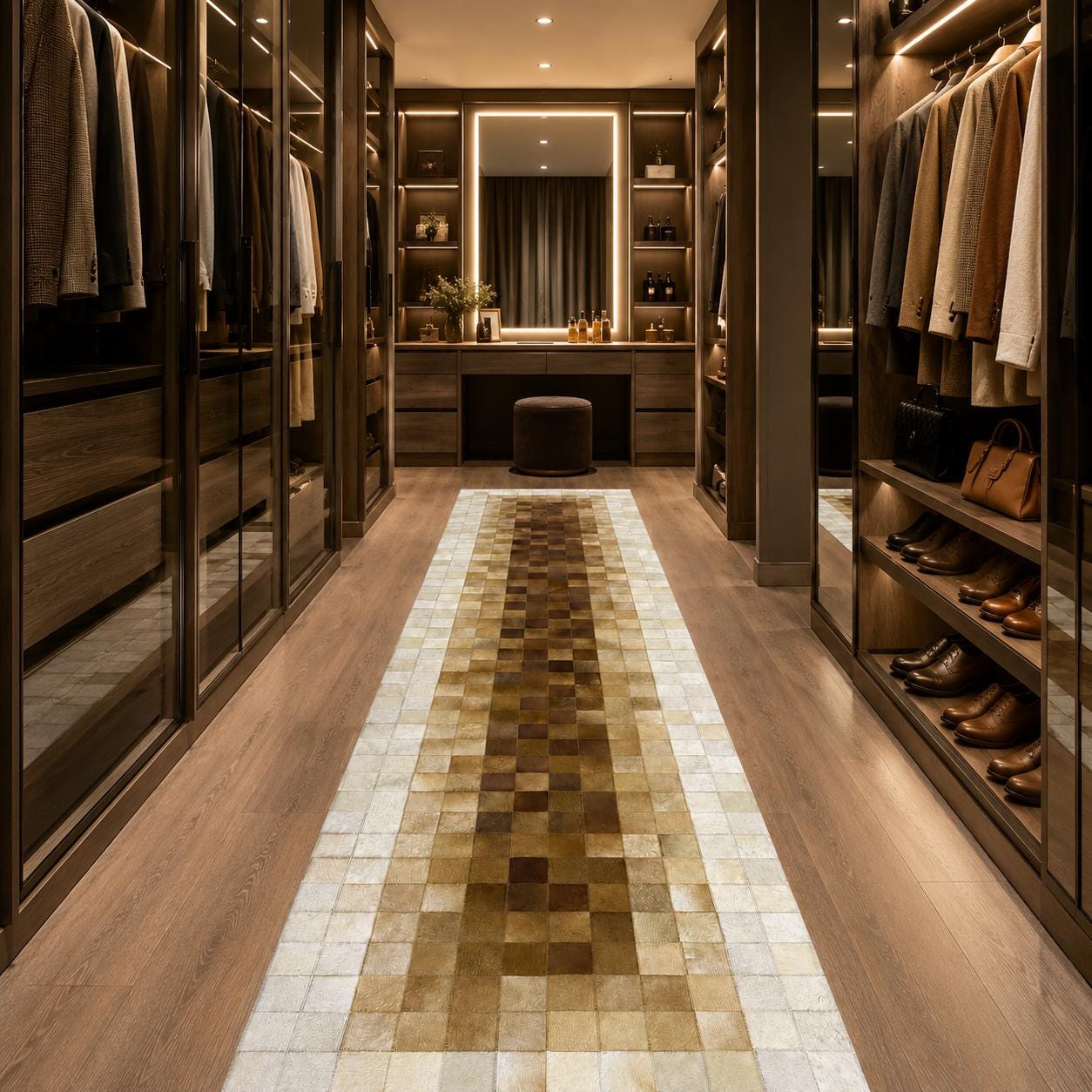 Handmade Patchwork Cowhide Rug, Geometric Leather Runner, Luxury Neutral Tones