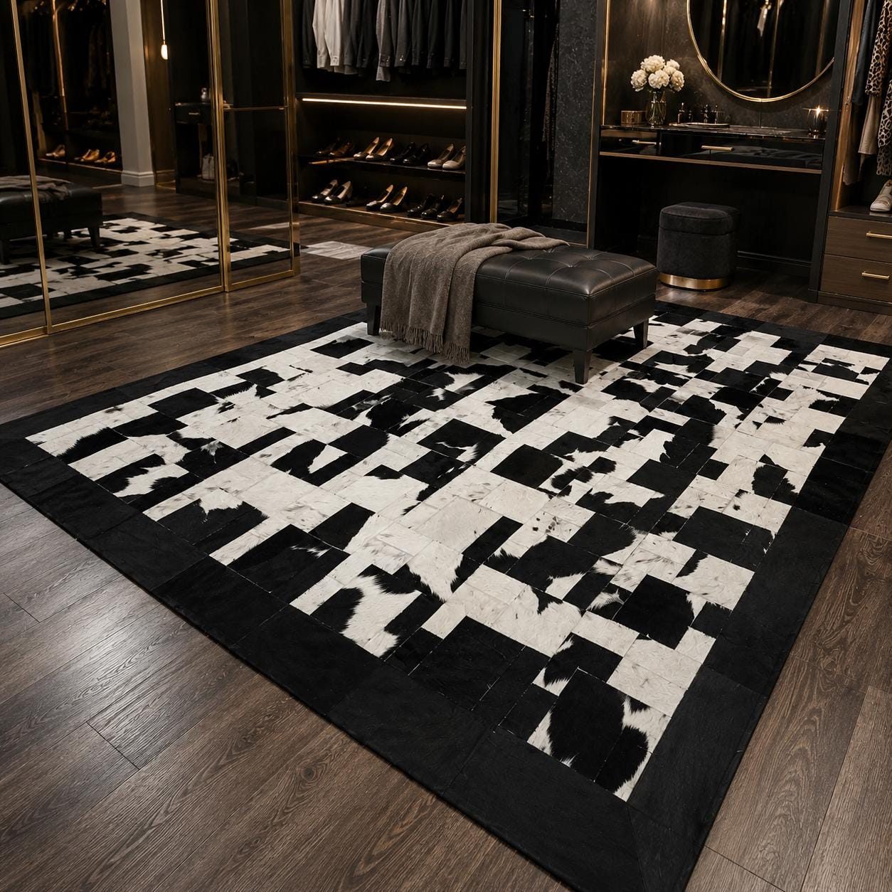 Handmade Black and White Cowhide Patchwork Rug, Genuine Leather Area Carpet