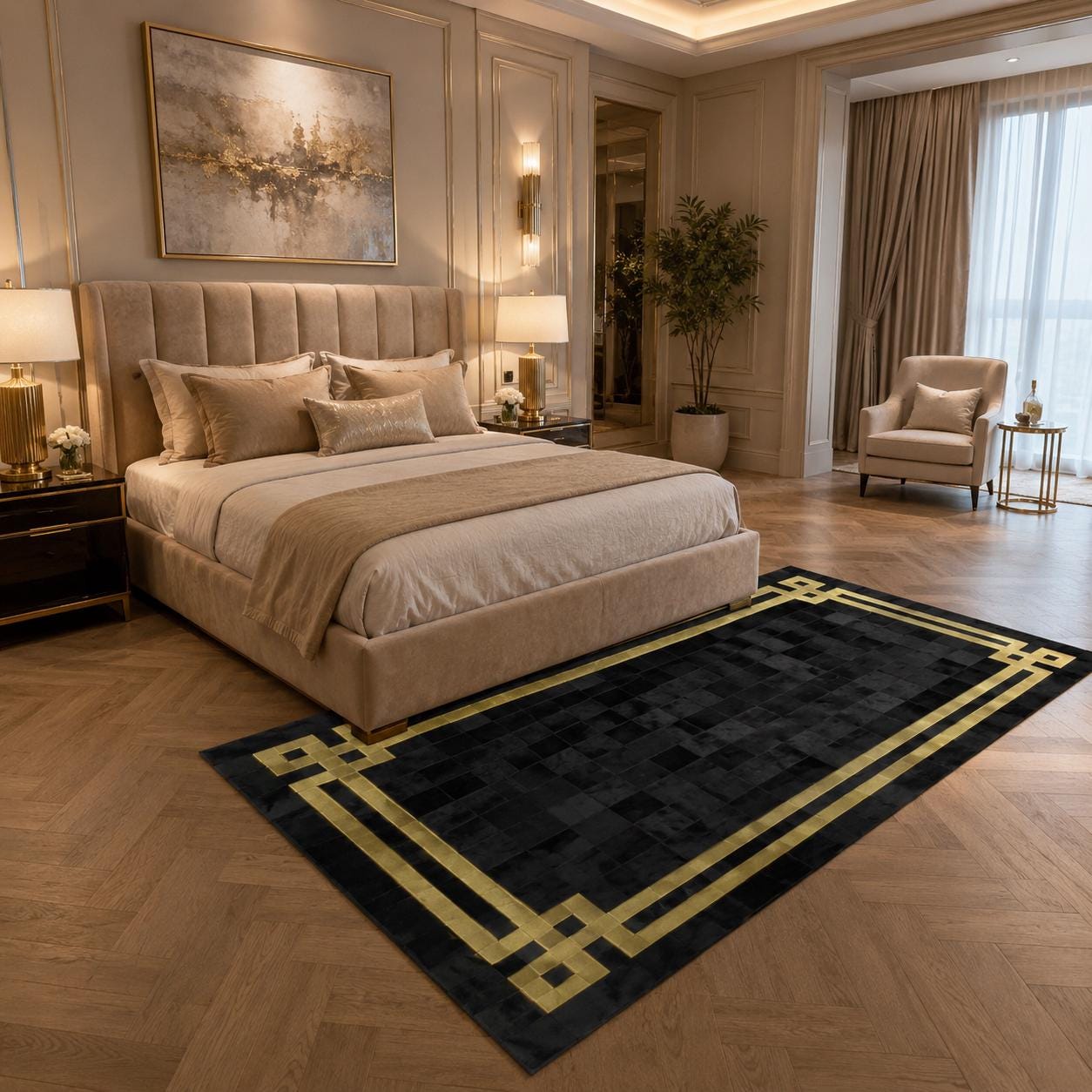 Handmade Black Cowhide Rug, Ivory Border Patchwork Leather Carpet