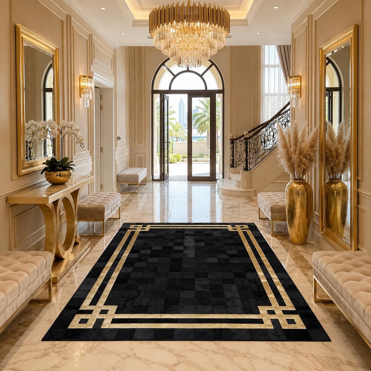 Handmade Black Cowhide Rug, Ivory Border Patchwork Leather Carpet