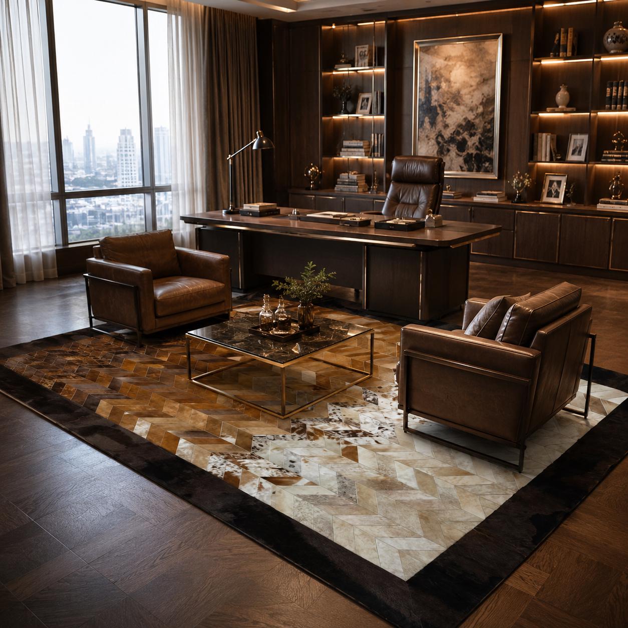 Handmade Ombre Cowhide Chevron Patchwork Rug, Luxury Geometric Leather Carpet