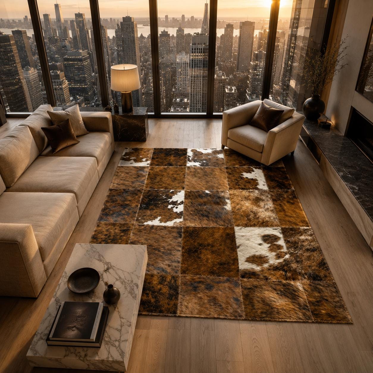 Patchwork Cowhide Rug, Genuine Leather Area Carpet, Rustic Western Style Home Décor