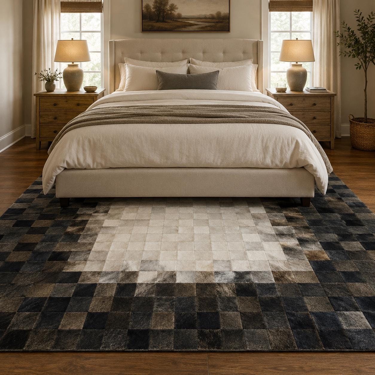 Handmade Gray Cowhide Patchwork Rug, Modern Luxury Leather Carpet