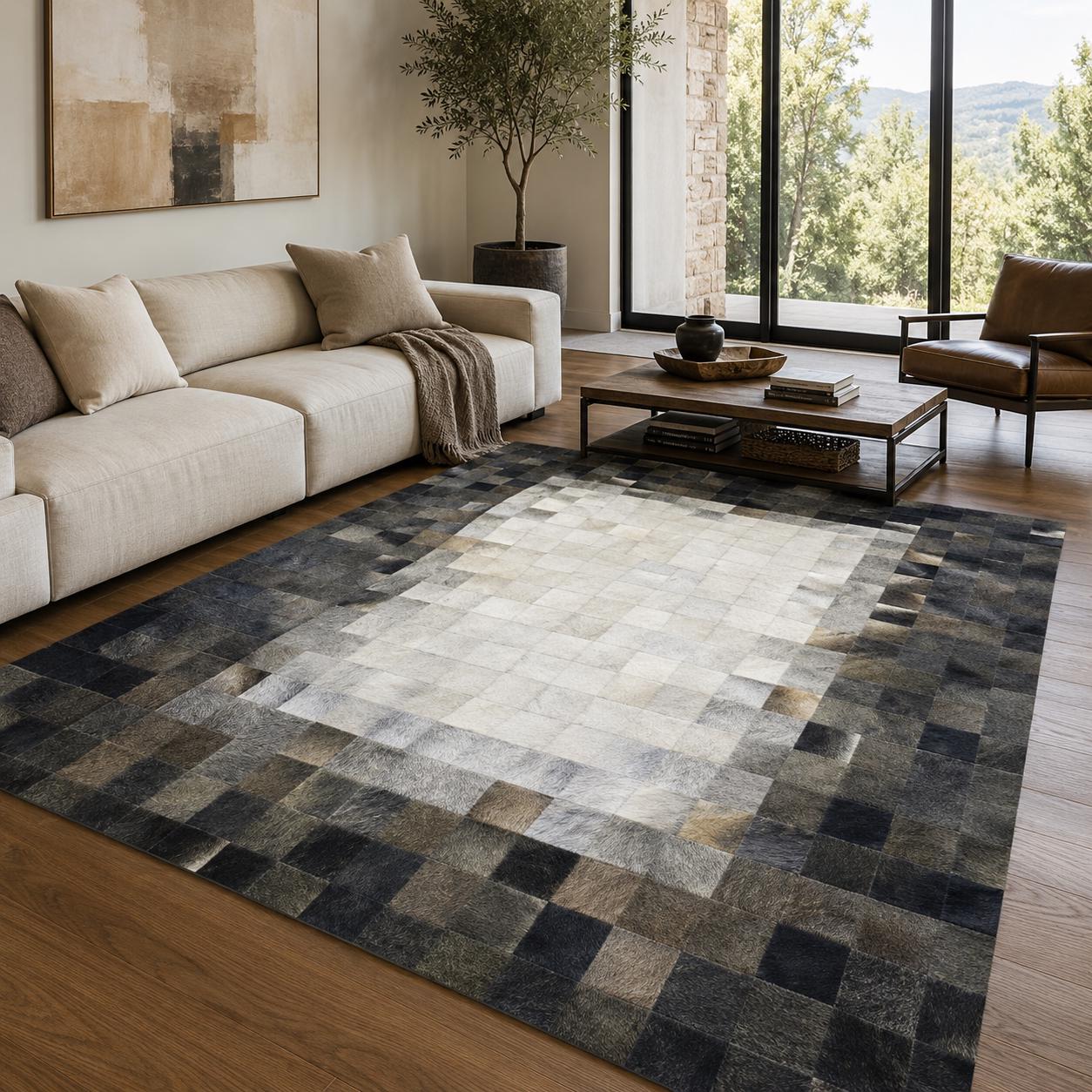 Handmade Gray Cowhide Patchwork Rug, Modern Luxury Leather Carpet