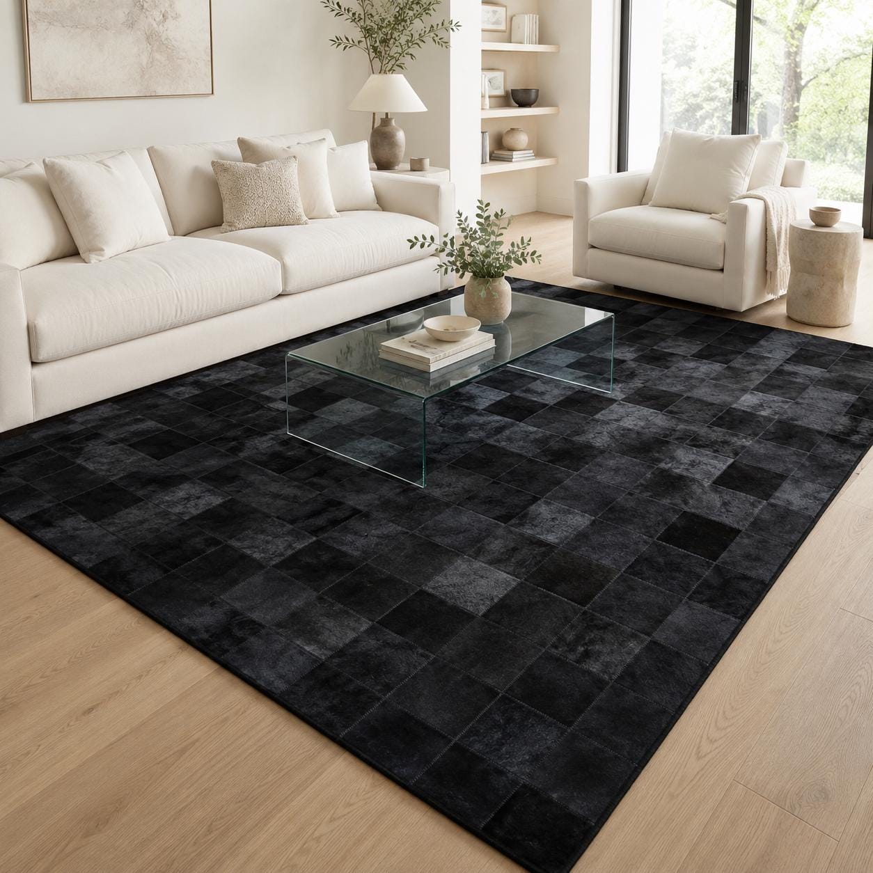 Black Patchwork Cowhide Rug, Genuine Leather Area Carpet, Modern Luxury Home Décor