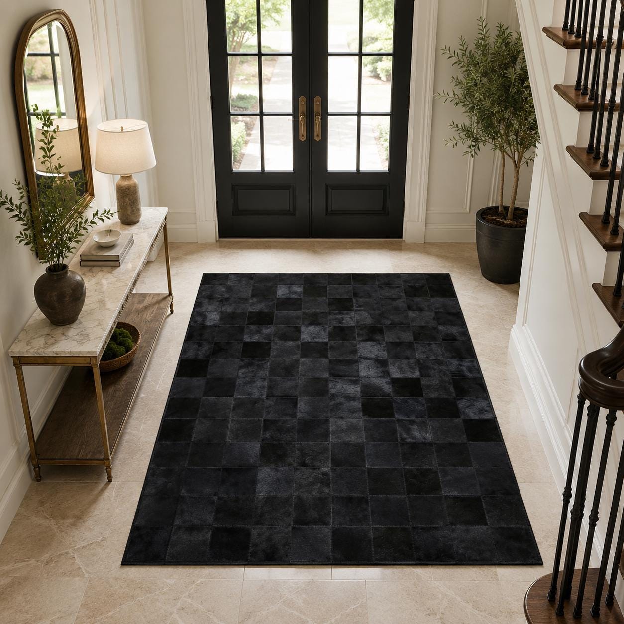 Black Patchwork Cowhide Rug, Genuine Leather Area Carpet, Modern Luxury Home Décor