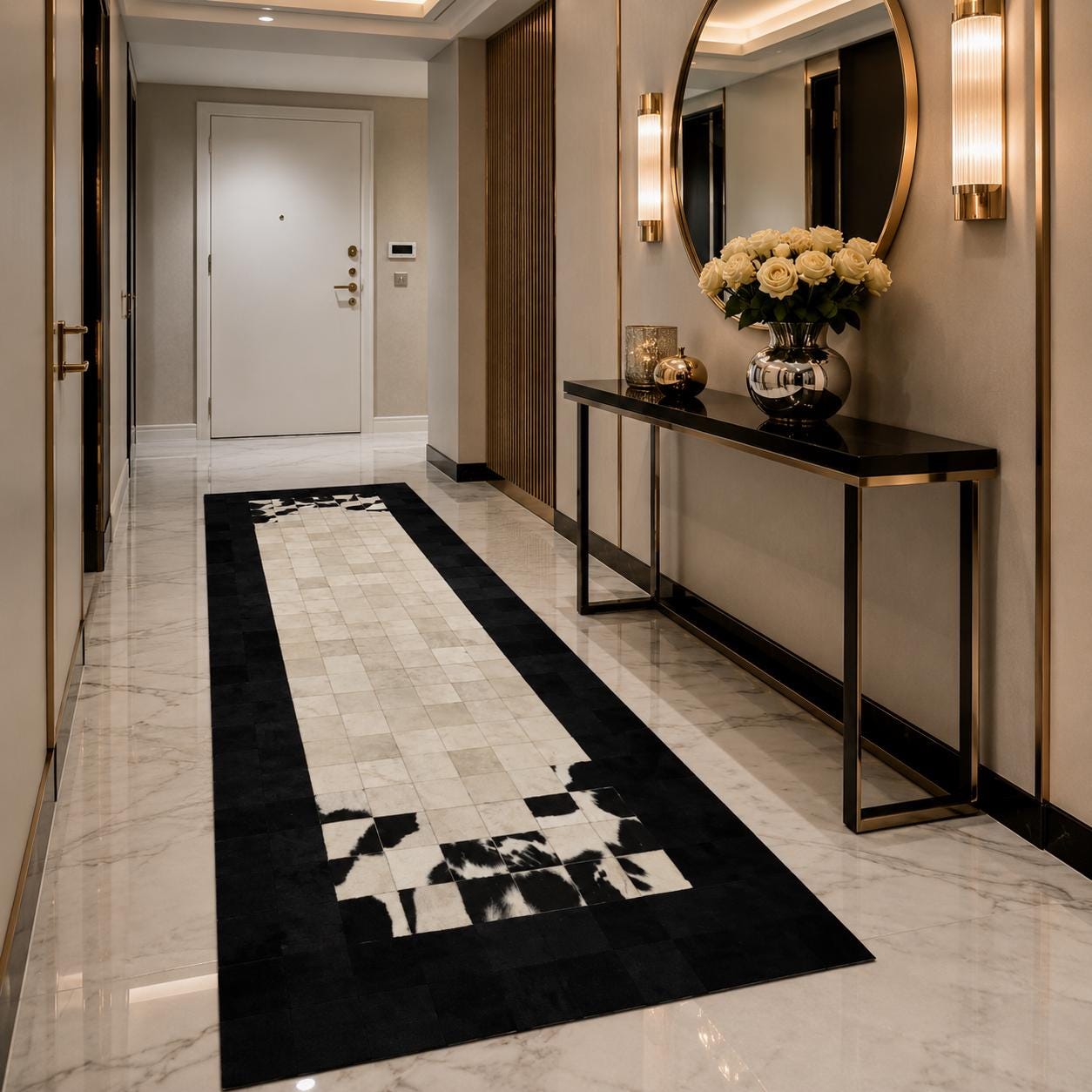 Patchwork Cowhide Hallway Rug, Black and White Leather Carpet, Custom Size Entryway Runner