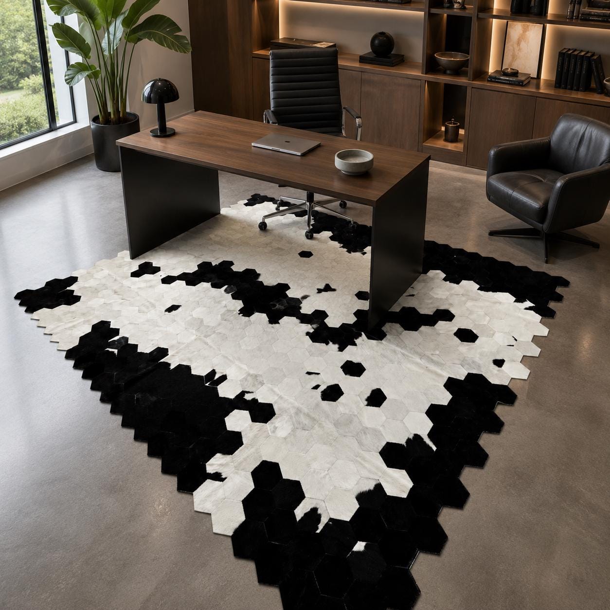 Handmade Hexagon Patchwork Cowhide Rug, Black Ivory Geometric Leather Area Rug