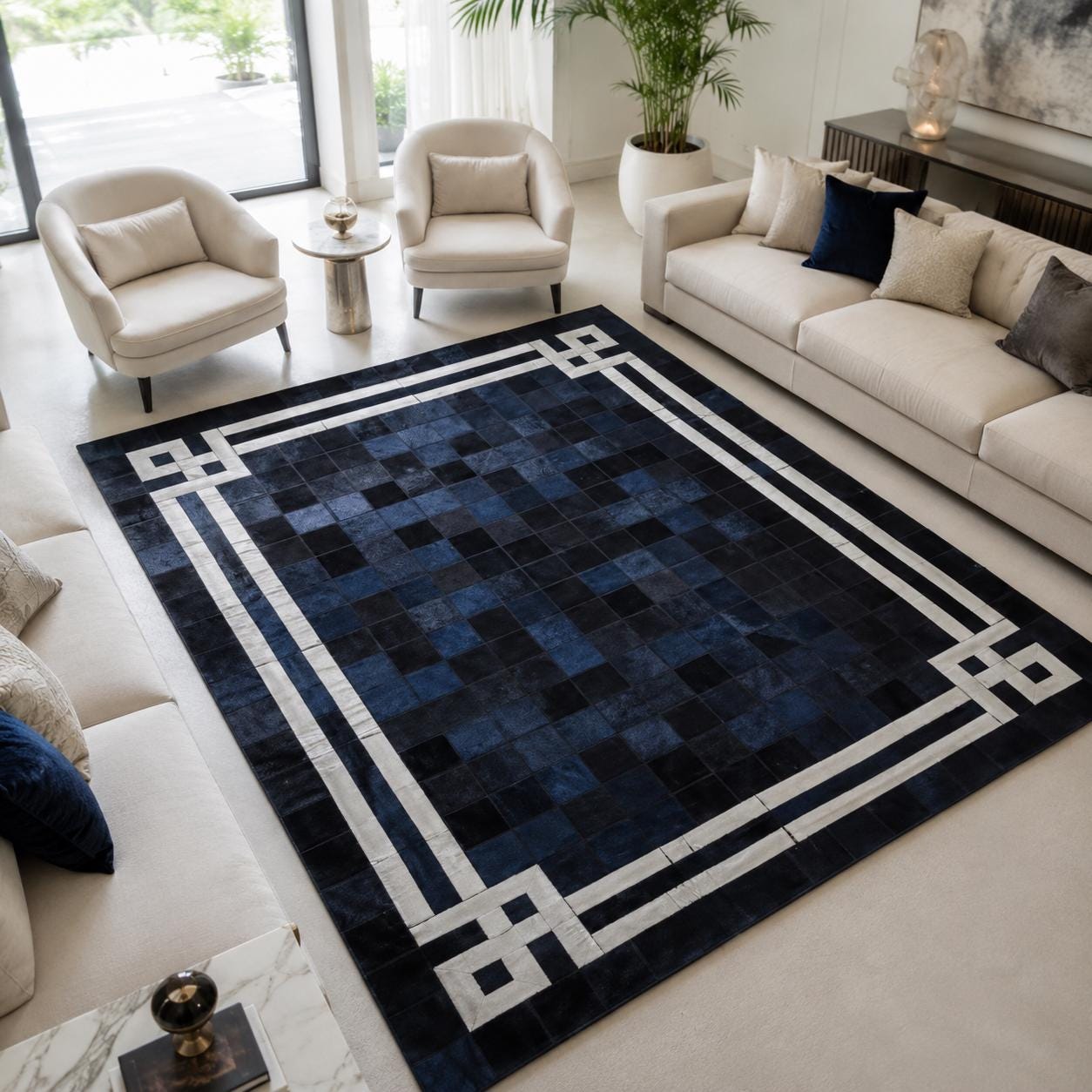 Black Patchwork Cowhide Rug, Art Deco Border, Luxury Leather Carpet