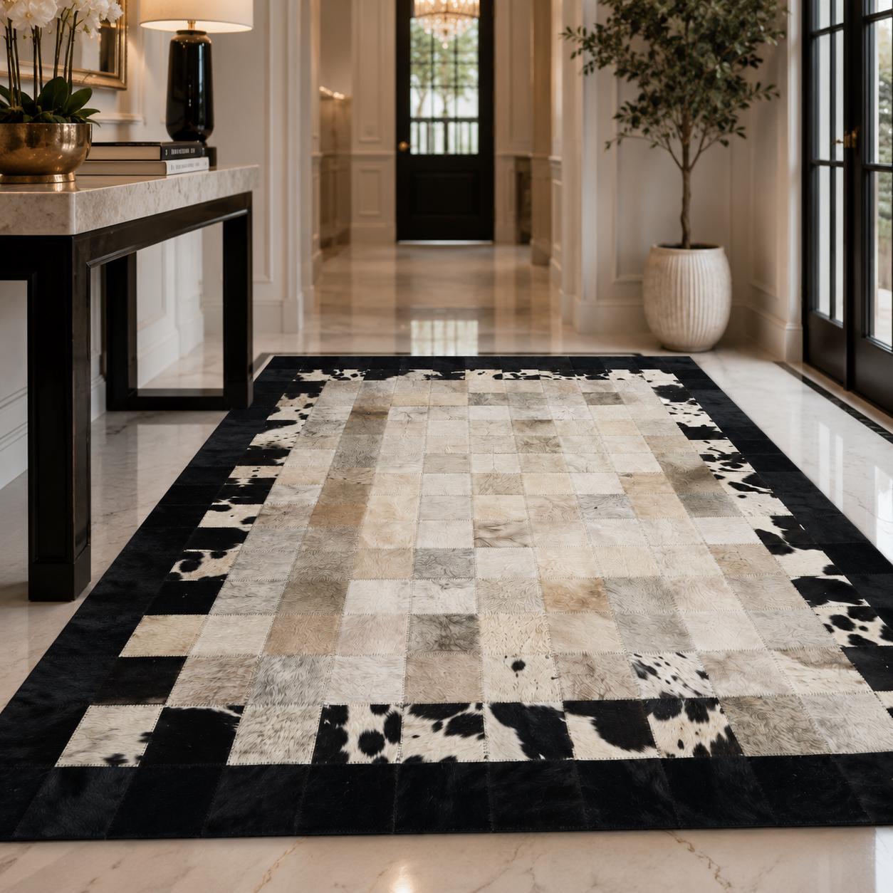 Handcrafted Patchwork Cowhide Rug, Black White Ivory Leather Carpet