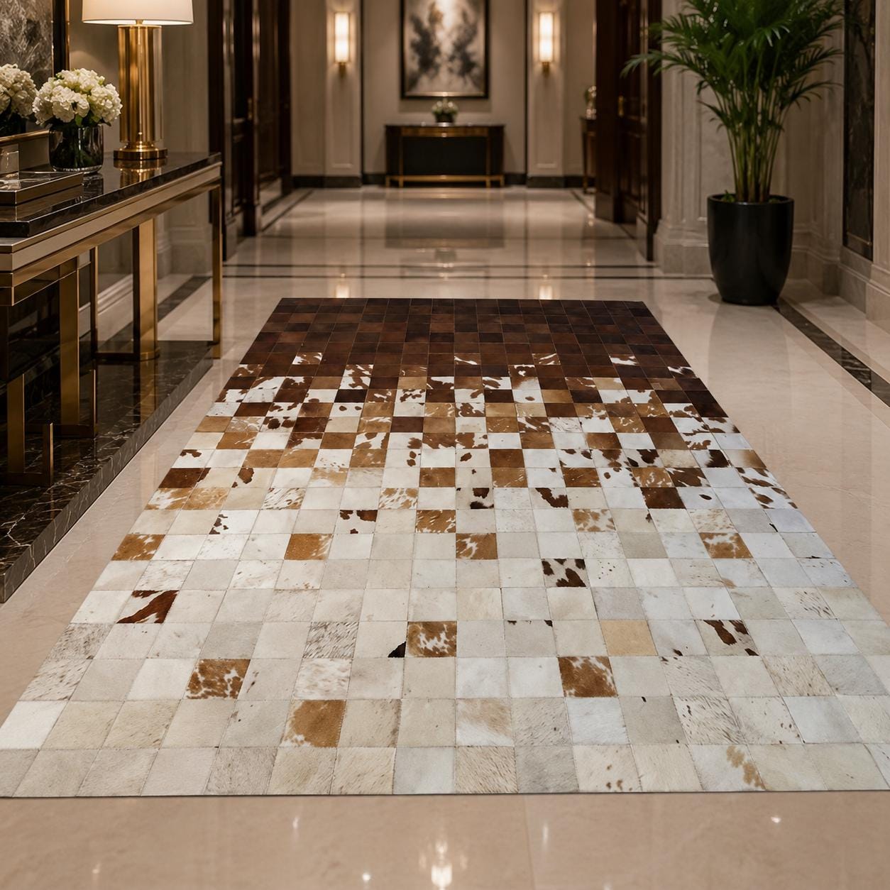 Handmade Ombre Patchwork Cowhide Rug, Genuine Leather Area Carpet, Custom Size