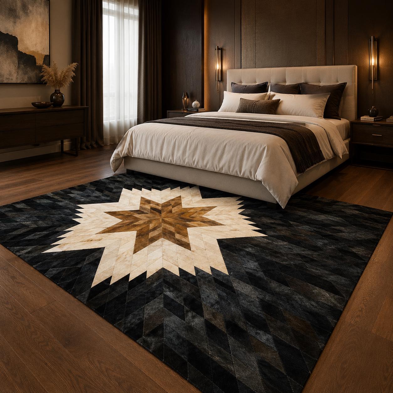 Handcrafted Cowhide Star Rug, Black White Brown Patchwork Leather Carpet