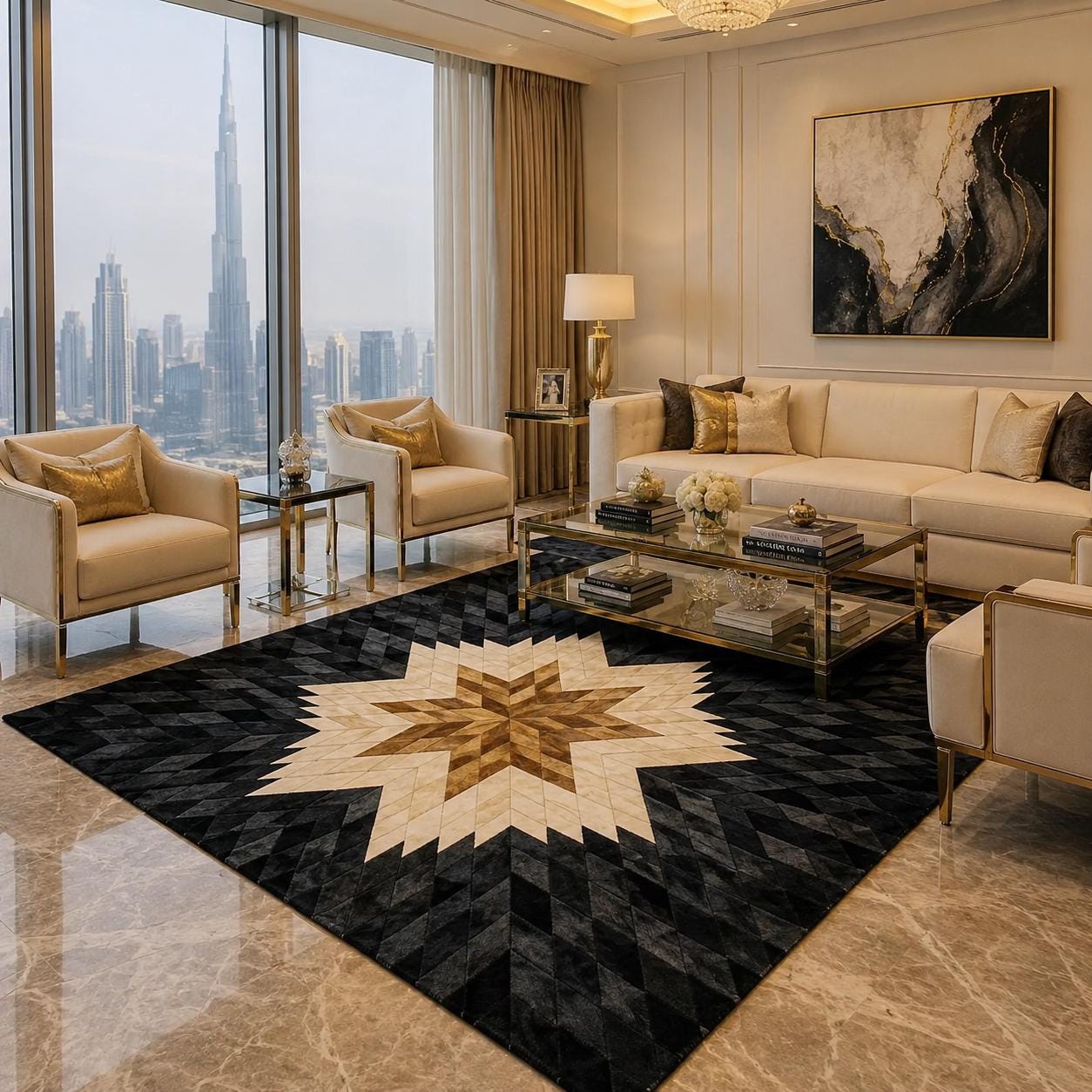 Handcrafted Cowhide Star Rug, Black White Brown Patchwork Leather Carpet