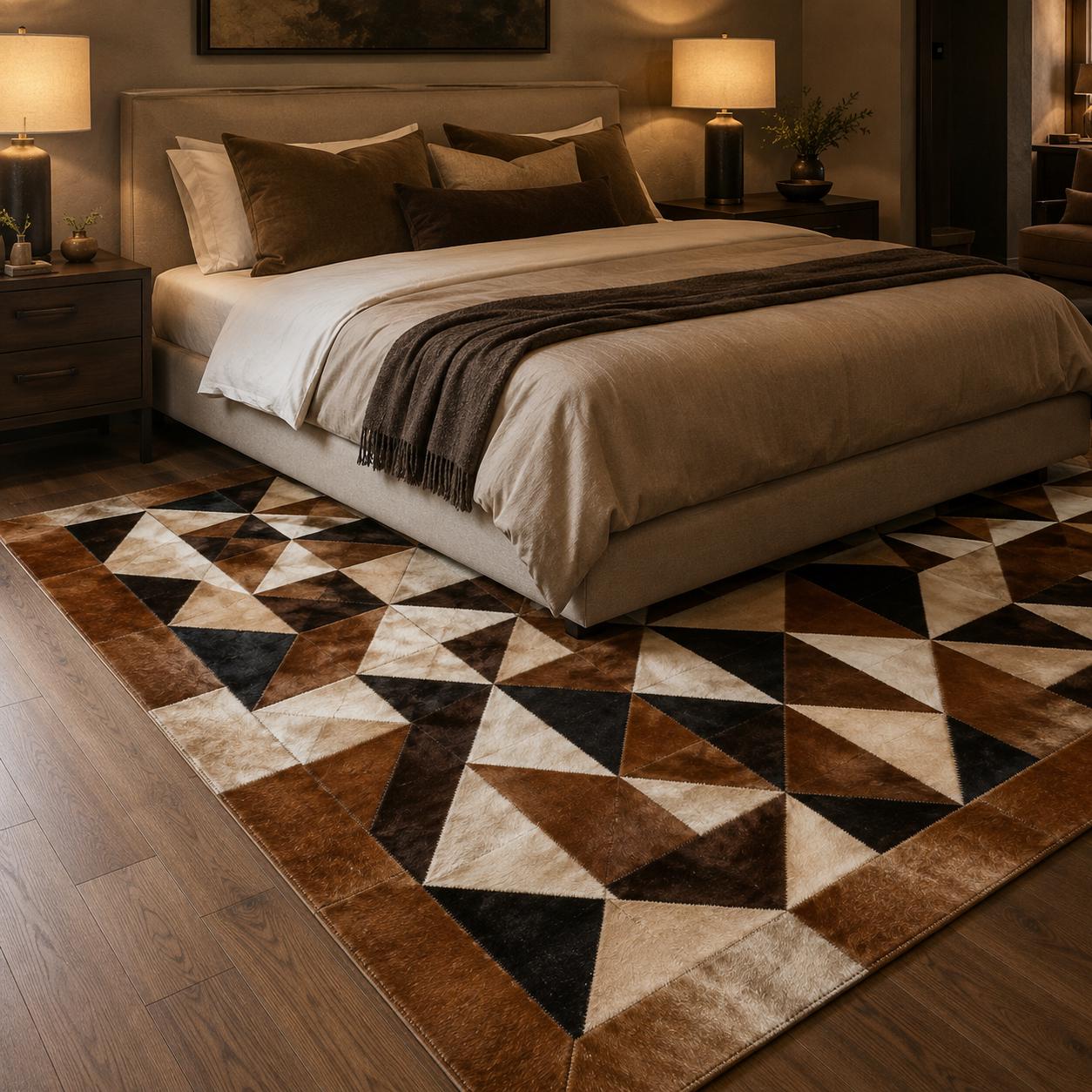 Geometric Cowhide Patchwork Rug, Brown Black Ivory Leather Area Carpet
