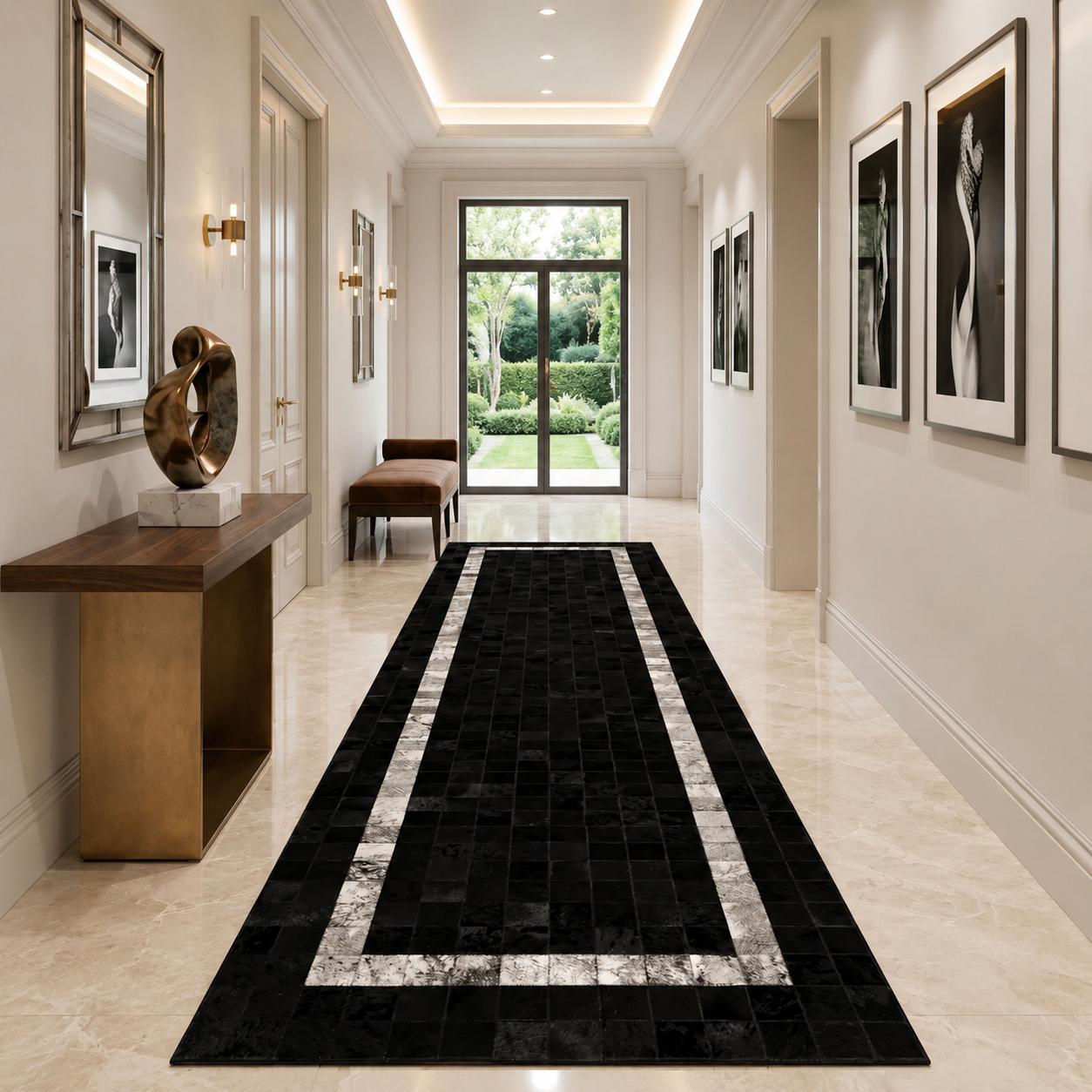 Black Patchwork Cowhide Runner Rug, Genuine Leather Hallway Carpet, Custom Size Available