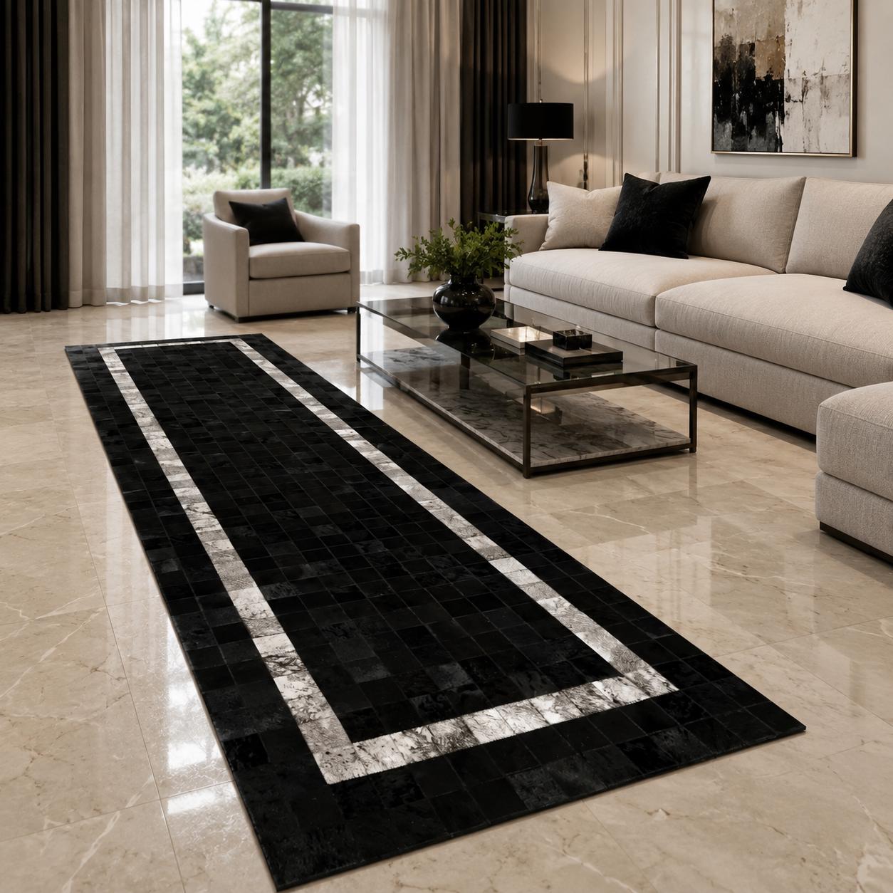 Black Patchwork Cowhide Runner Rug, Genuine Leather Hallway Carpet, Custom Size Available
