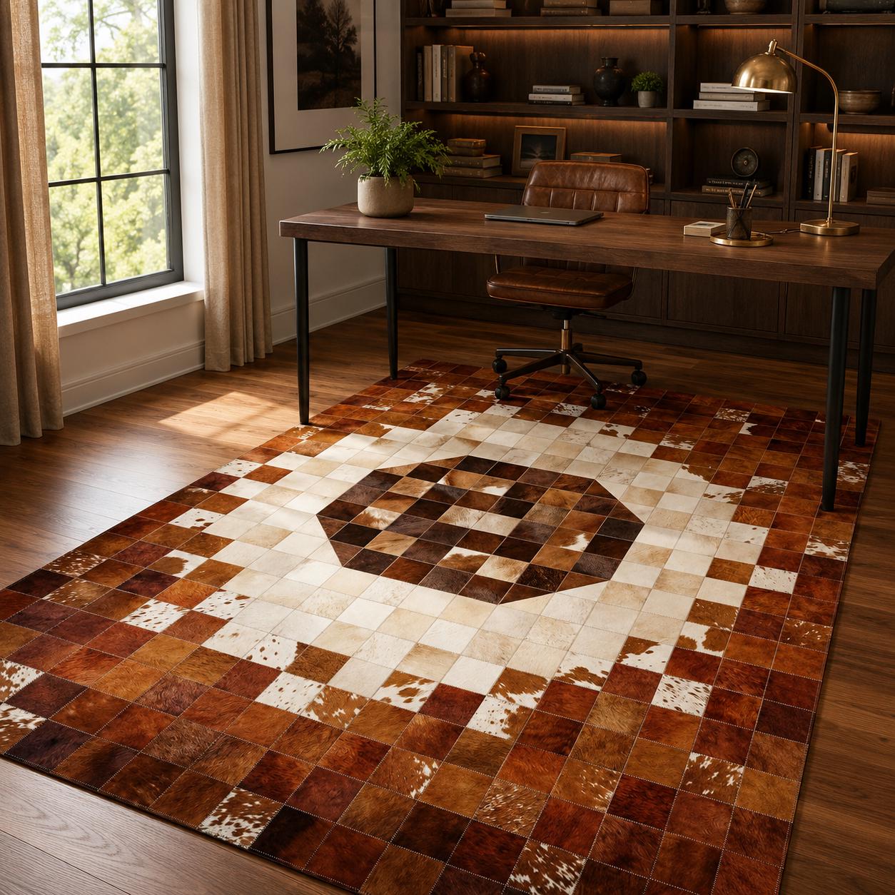 Handcrafted Geometric Patchwork Cowhide Rug, Natural Leather Area Carpet