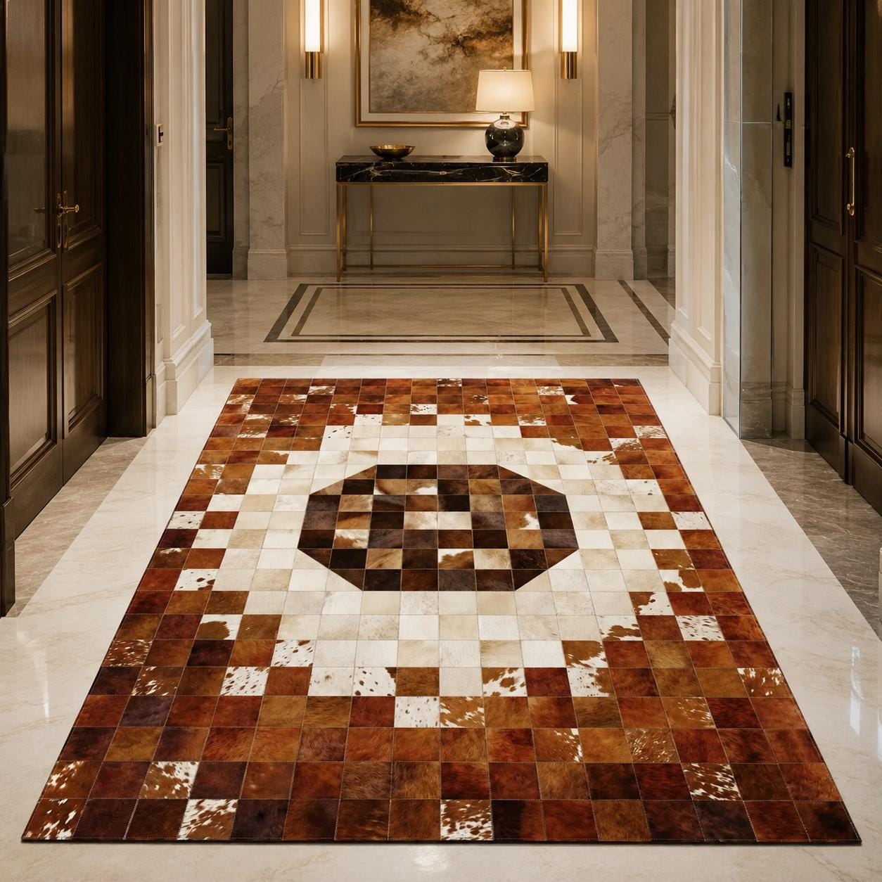 Handcrafted Geometric Patchwork Cowhide Rug, Natural Leather Area Carpet