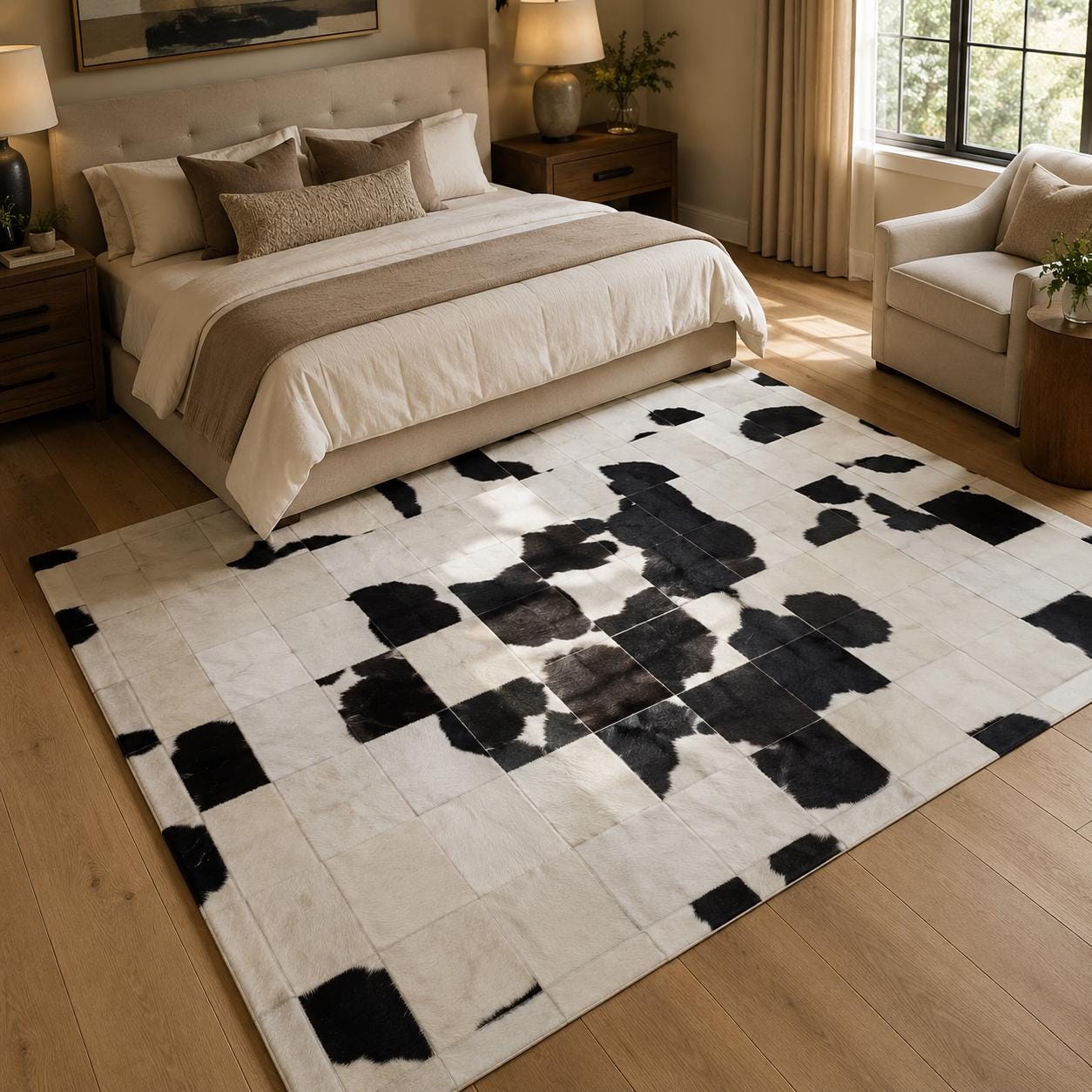 Handcrafted Black White Cowhide Patchwork Rug, Geometric Leather Area Carpet