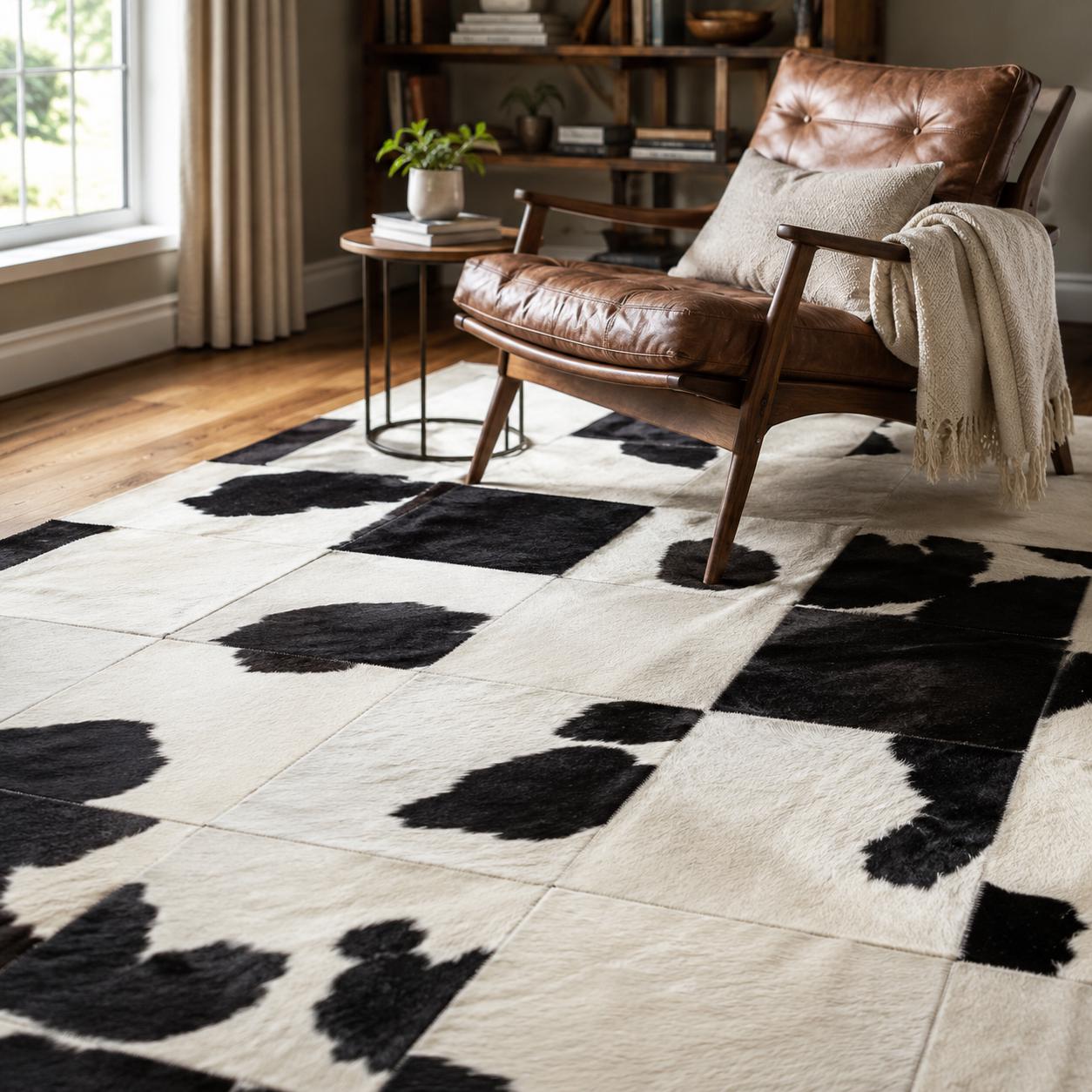 Handcrafted Black White Cowhide Patchwork Rug, Geometric Leather Area Carpet