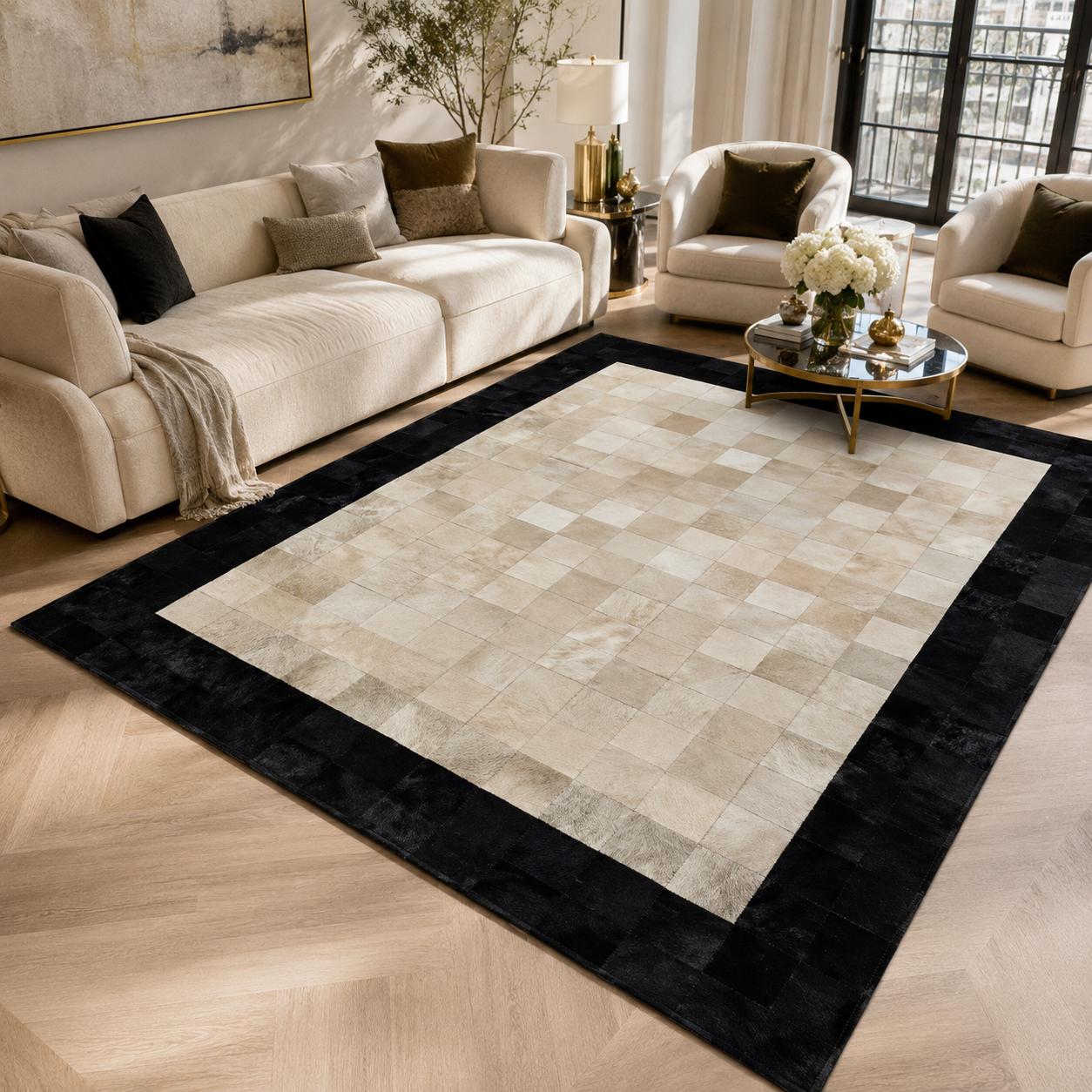 Handcrafted Black Ivory Cowhide Patchwork Rug, Geometric Leather Area Carpet