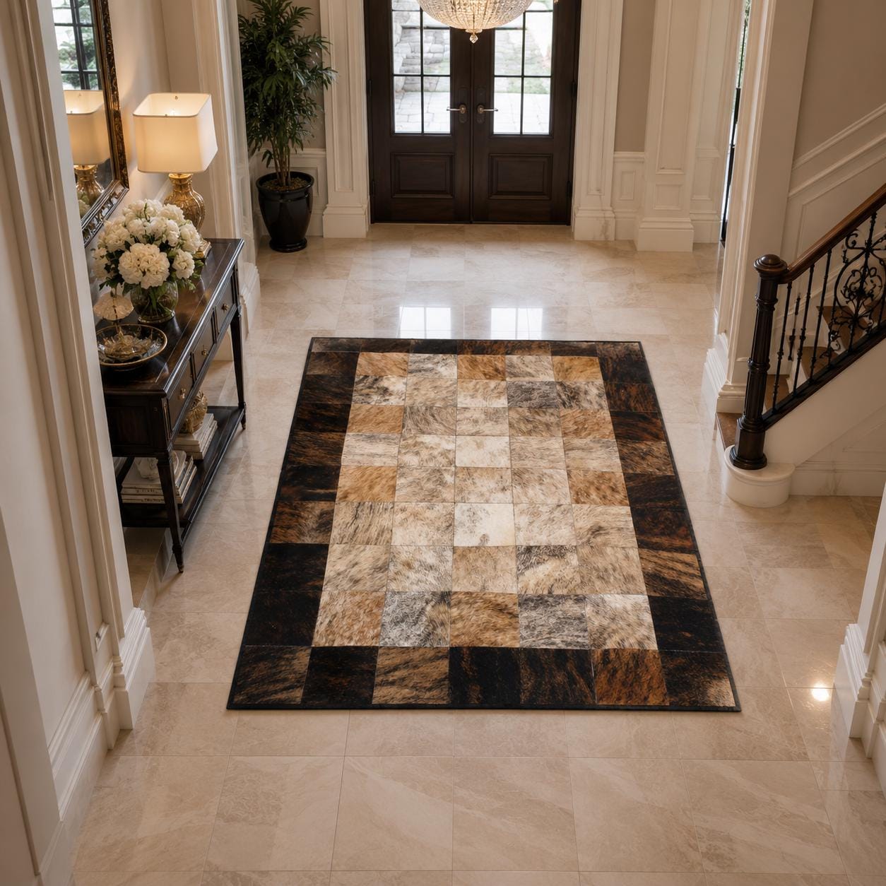Handmade Brindle Cowhide Patchwork Rug, Genuine Leather Area Carpet