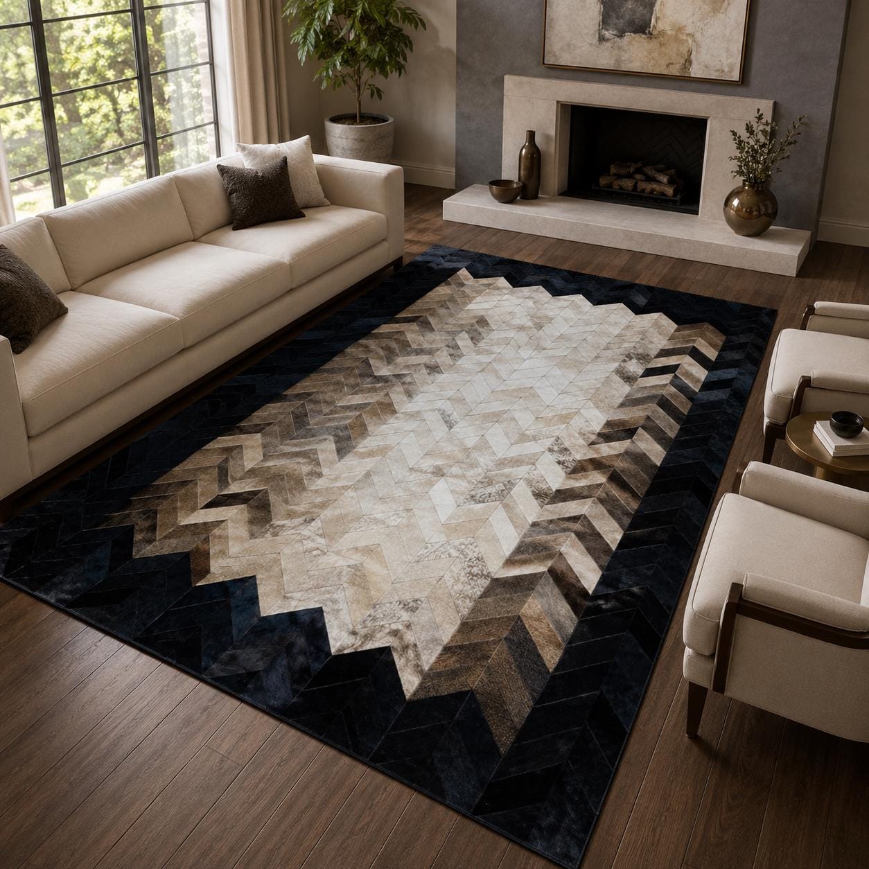 Handcrafted Chevron Cowhide Rug, Geometric Patchwork Leather Area Carpet
