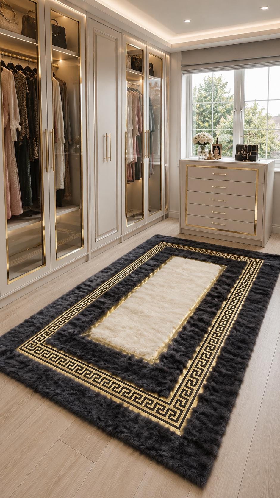Genuine Toscana Sheepskin Rug, Long Wool Area Rug, Black Ivory Designer Fur